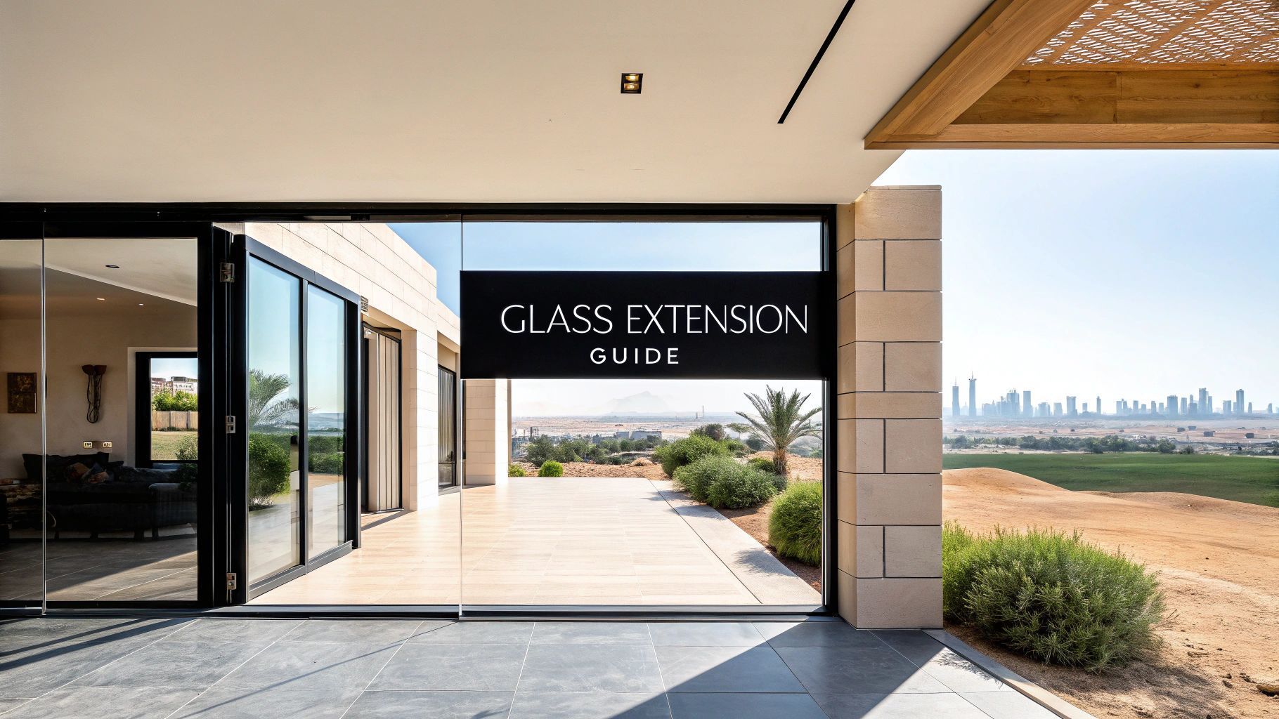 Open glass extension doorway with a sign, overlooking a desert landscape and city skyline.
