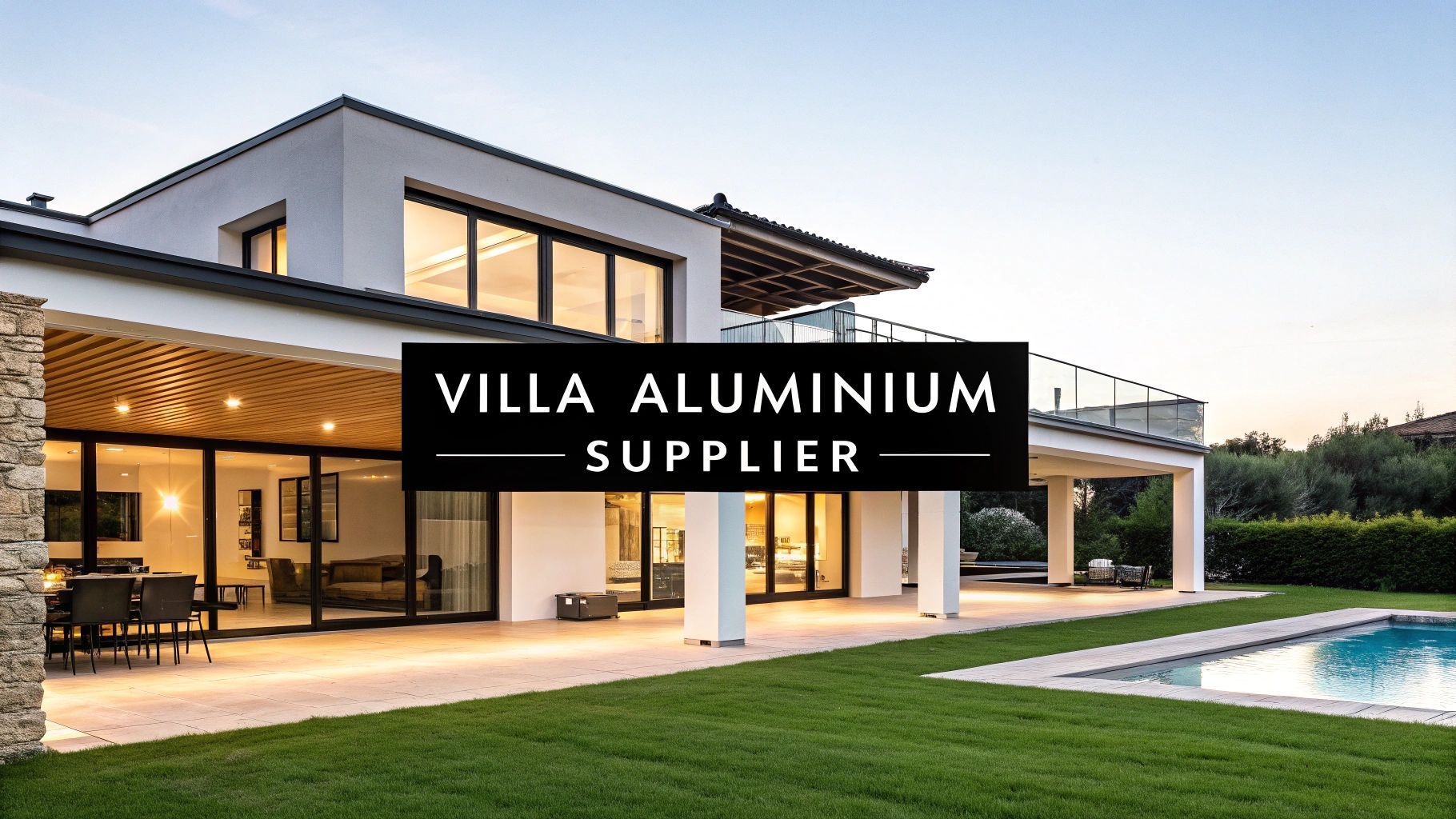 Modern villa with large glass windows and swimming pool, 