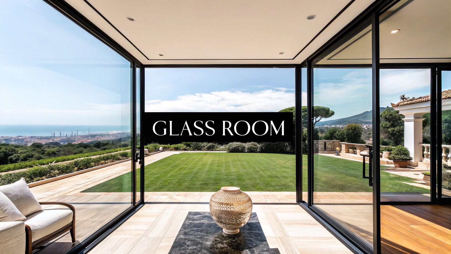 A glass room with a panoramic view of a green lawn, city and blue sky.