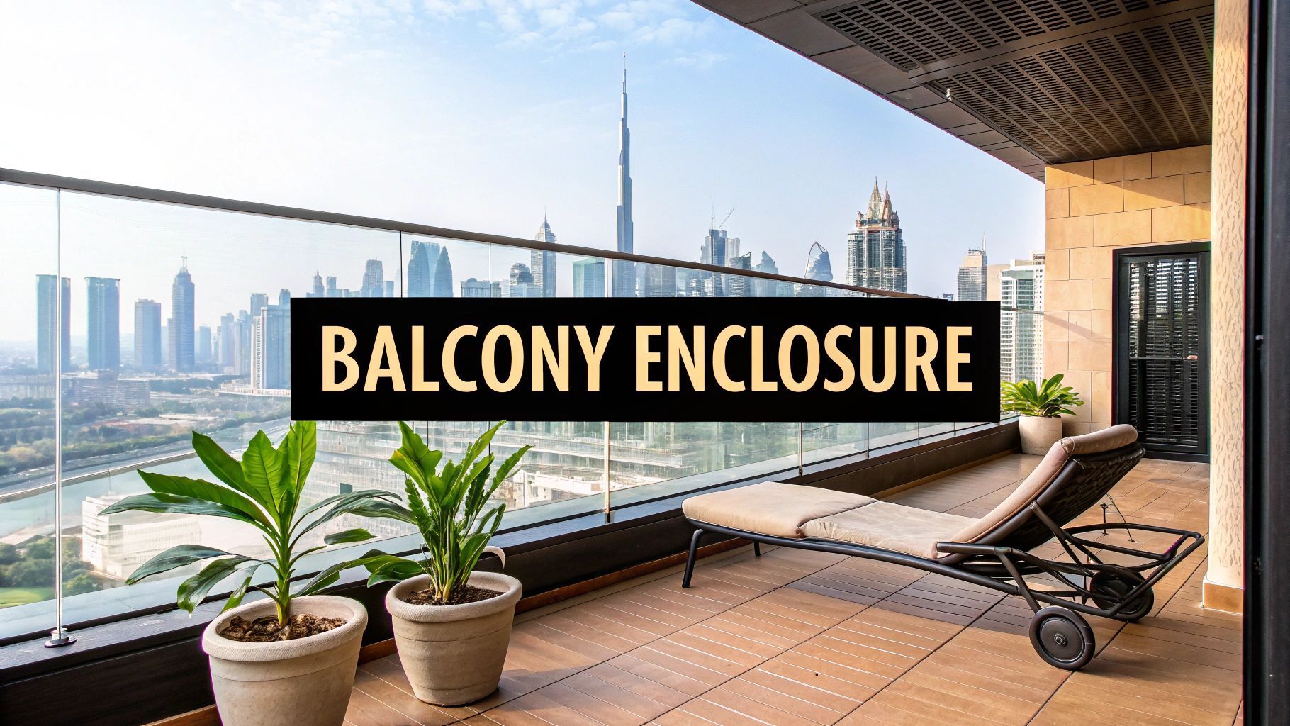 Balcony with a chaise lounge and potted plants, overlooking the Dubai skyline with the Burj Khalifa.