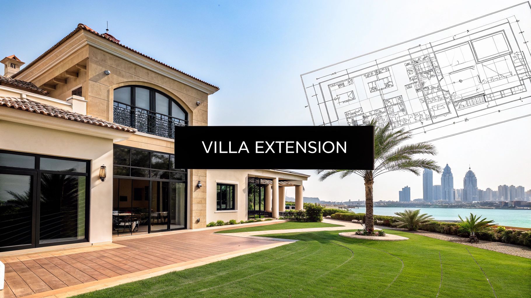 Villa exterior with extension design plan; oceanfront, grass lawn, and skyline in the background.