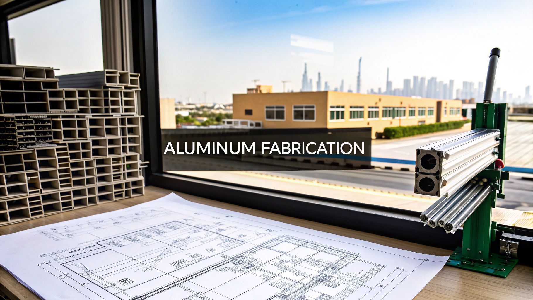 Aluminum fabrication workspace with blueprints, metal profiles, and a cityscape view.
