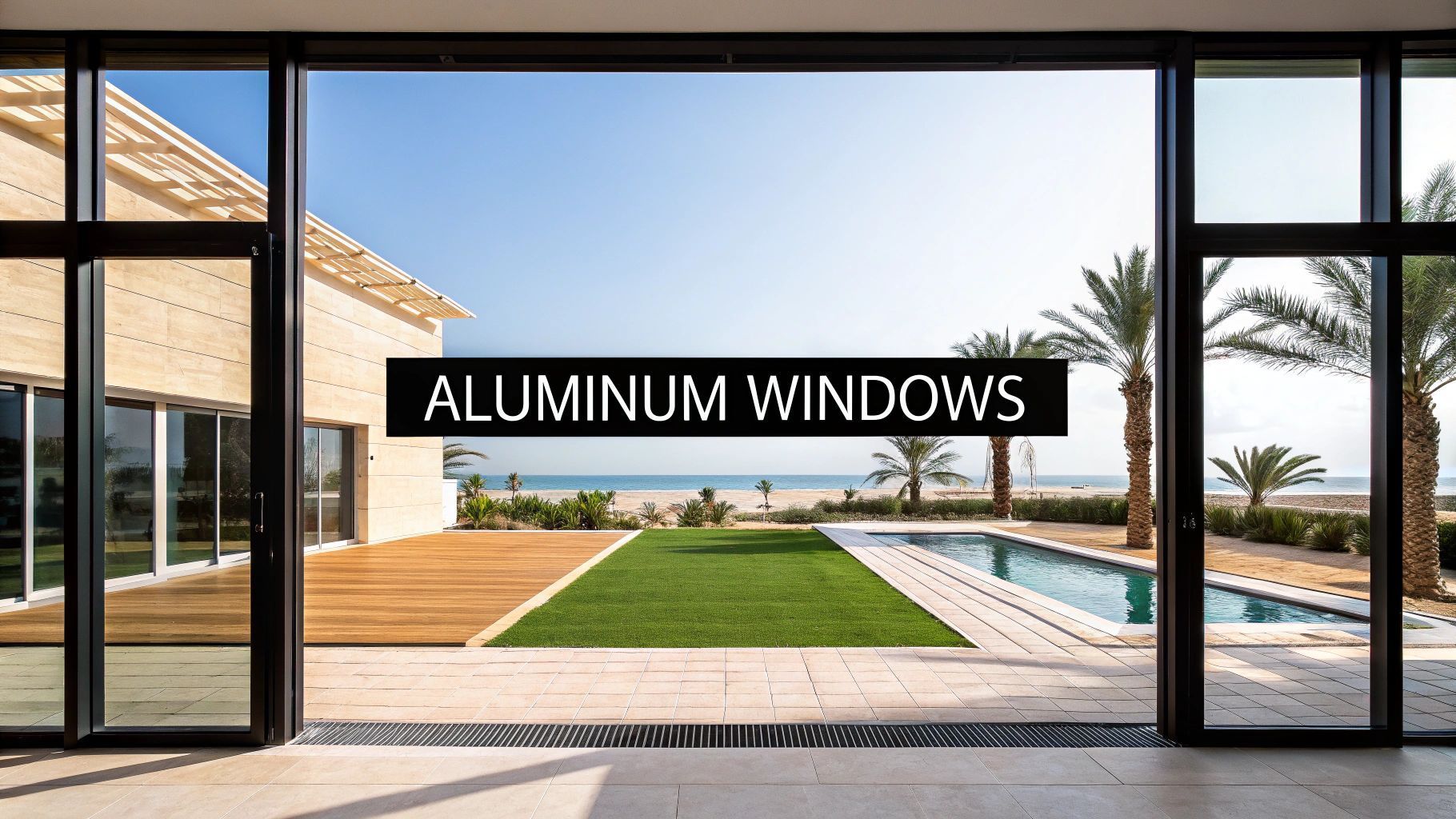 Exterior view through open aluminum windows to a backyard with a pool, lawn, and beach.