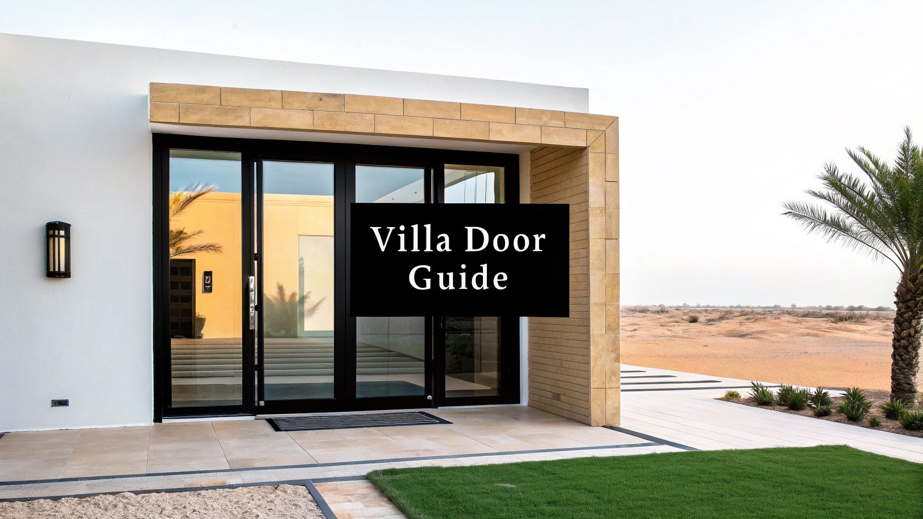 Villa entrance with dark-framed glass doors, beige stone accents, and desert landscape. Text overlay reads 