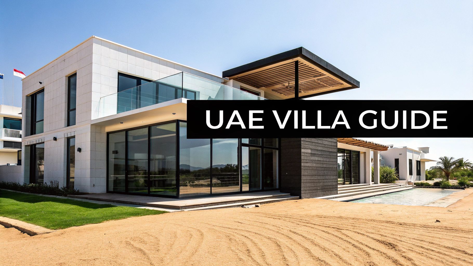 Modern white villa with glass windows and a pool;