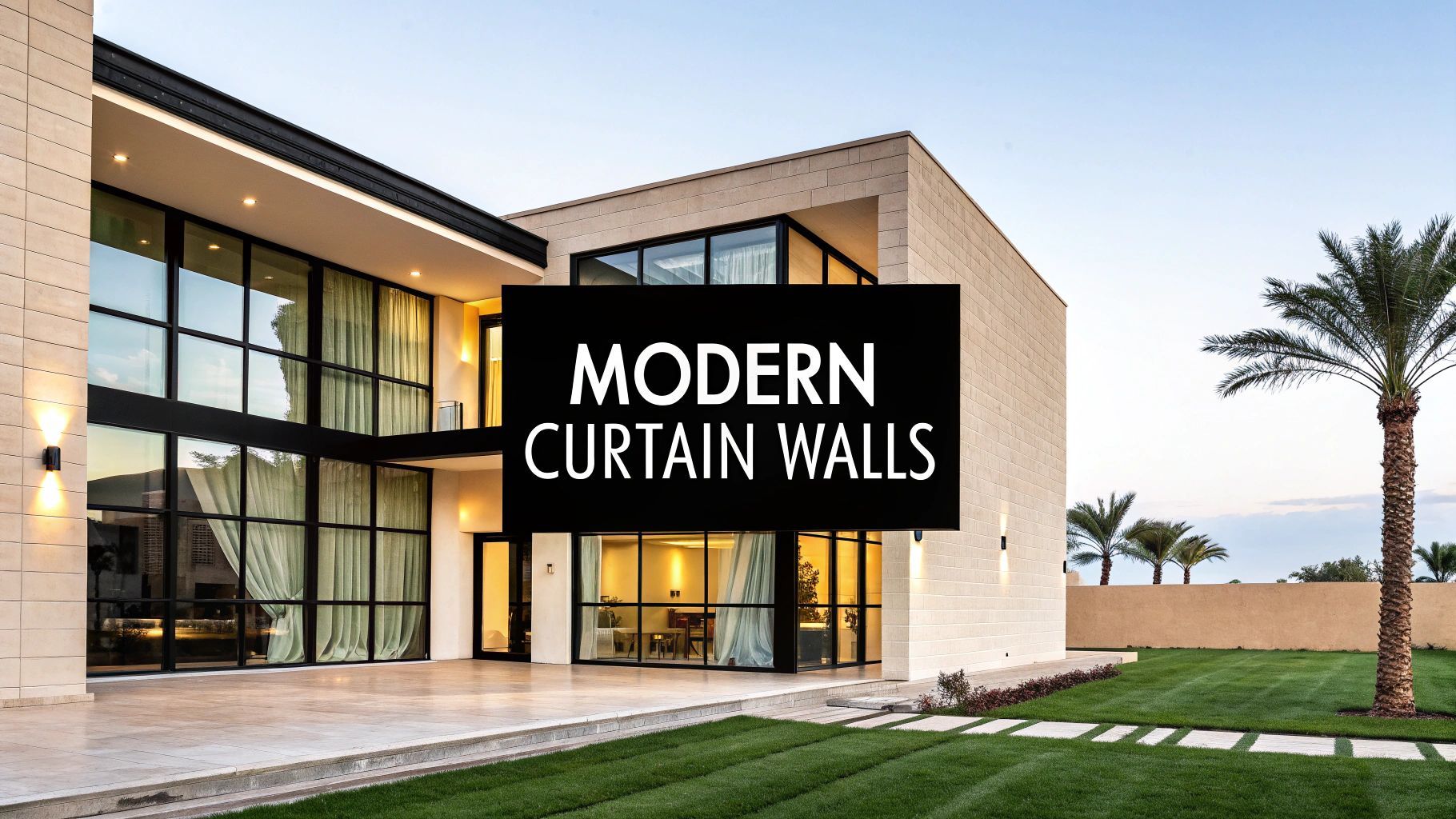 Modern home with large glass curtain walls; text overlay: