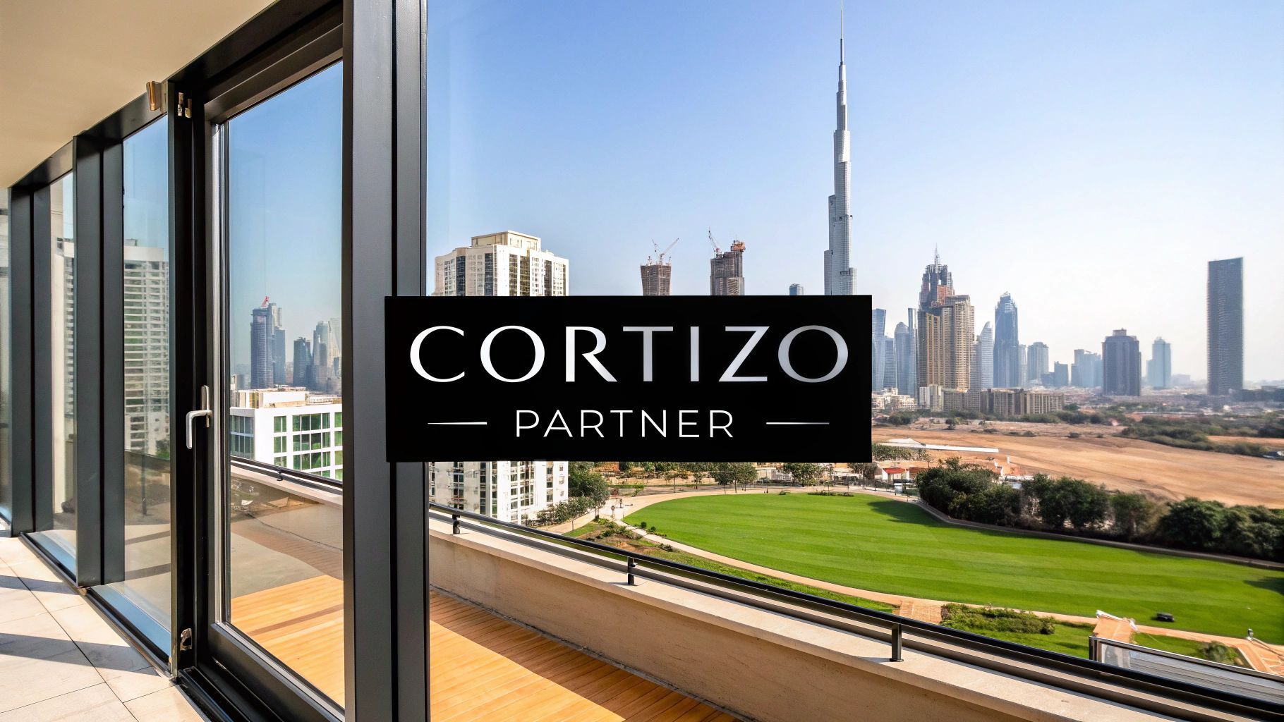 View from a balcony overlooking Dubai skyline; Cortizo Partner logo in foreground.