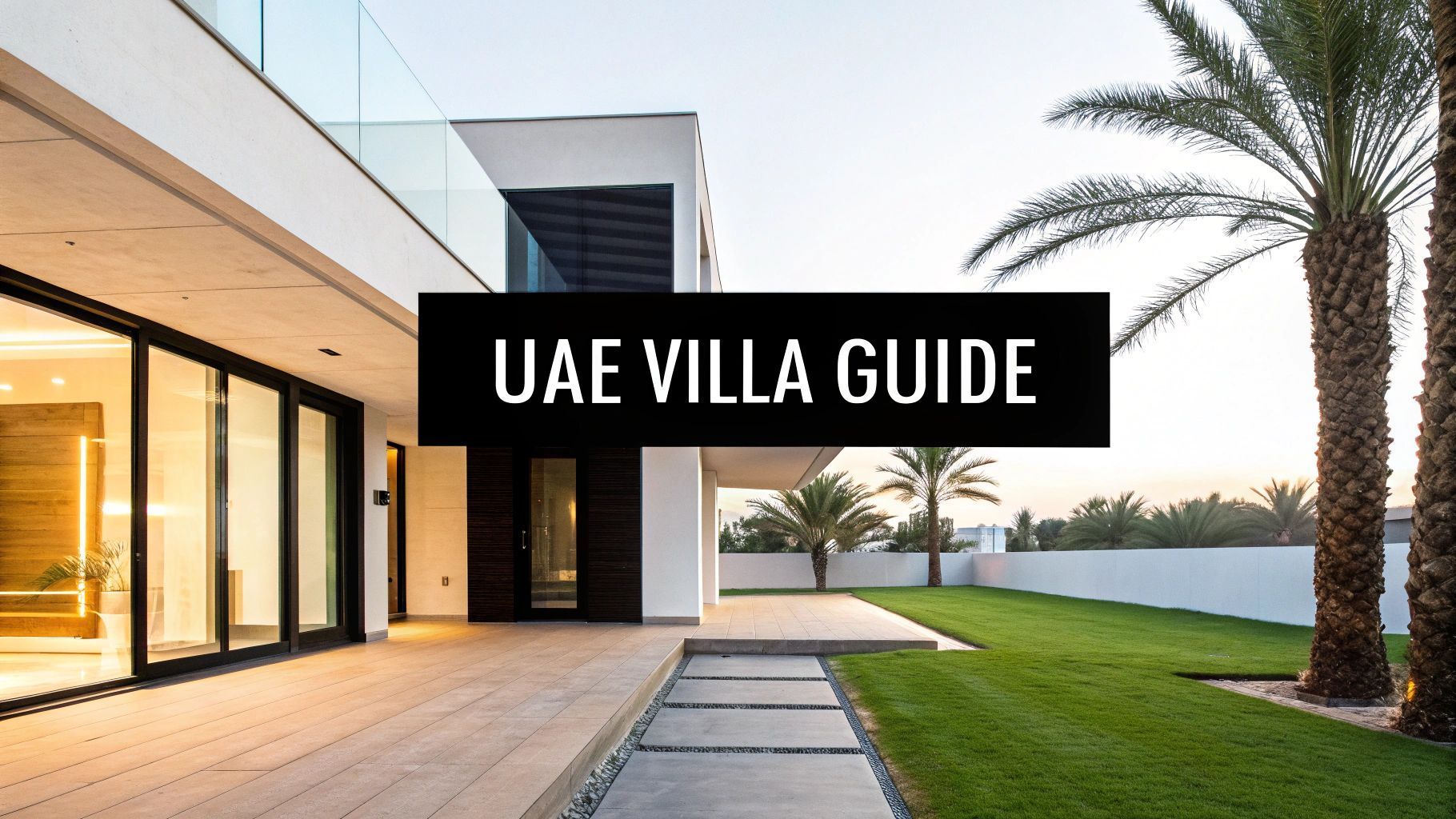 Modern villa exterior in UAE, with lawn and palm trees, text overlay: 