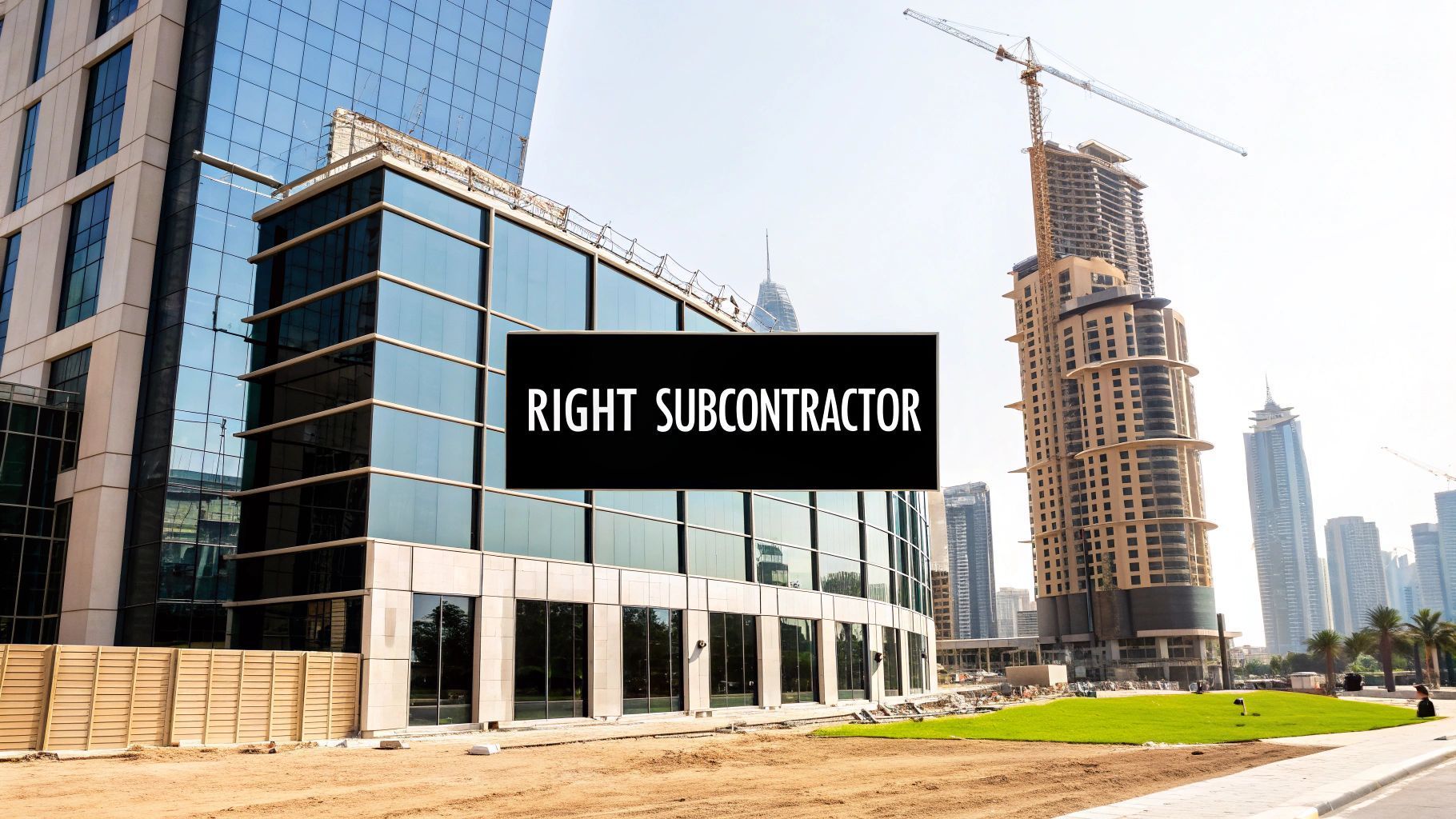 Modern buildings with construction site; text says