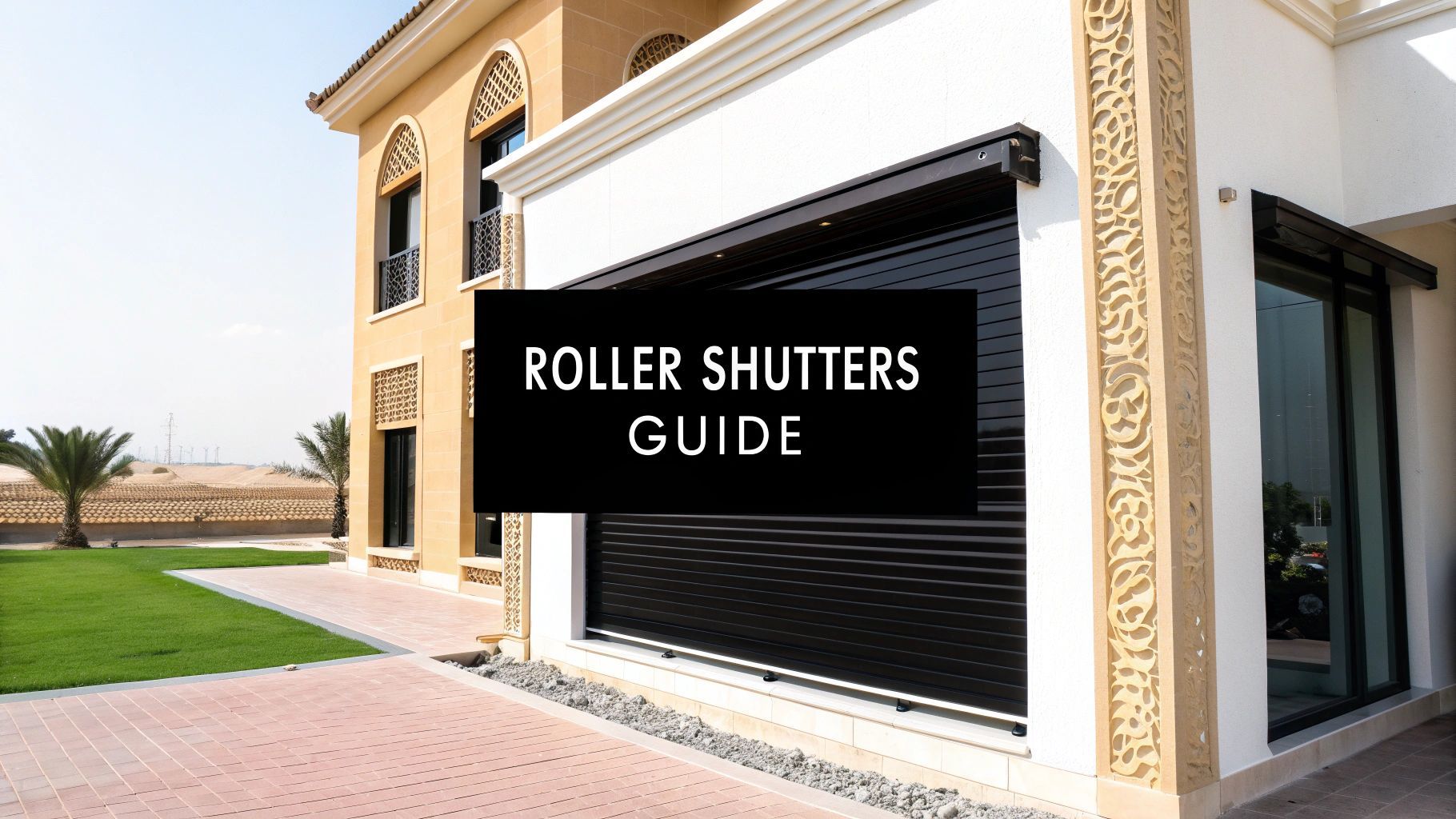 A house with black roller shutters over a window, text reads 