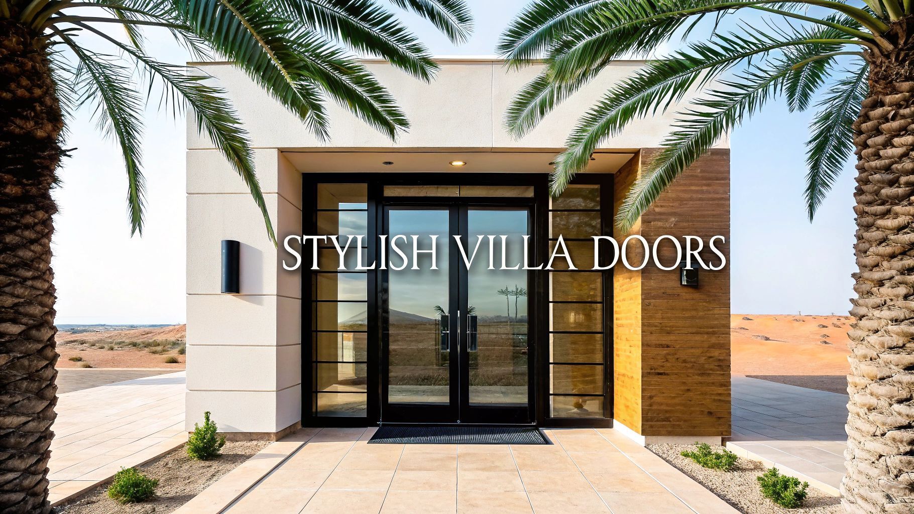Modern villa entrance with black framed glass doors and palm trees.