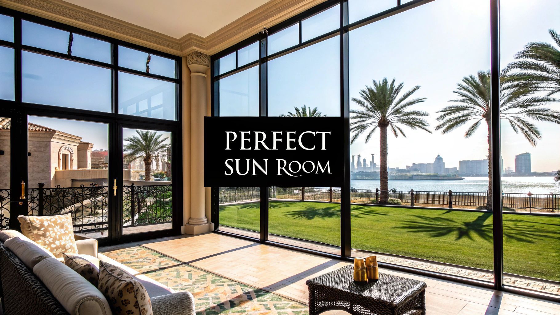 Sun room with large windows overlooking a waterfront, palms, and city. Text overlay: