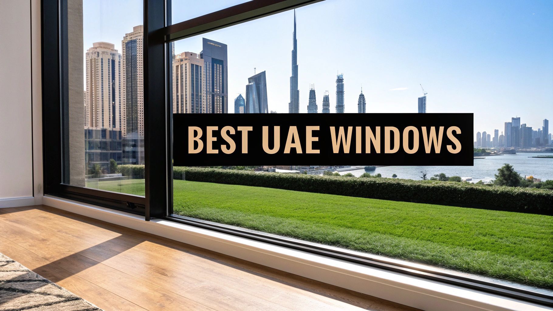View of Dubai skyline through a large window, with the text 