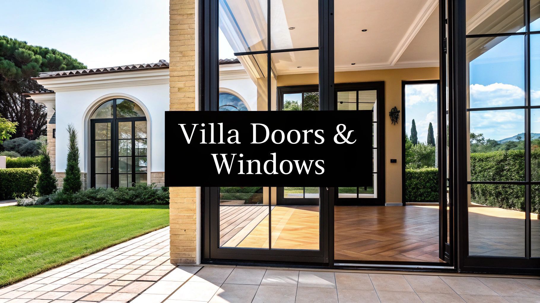 Villa with open glass doors, featuring the text