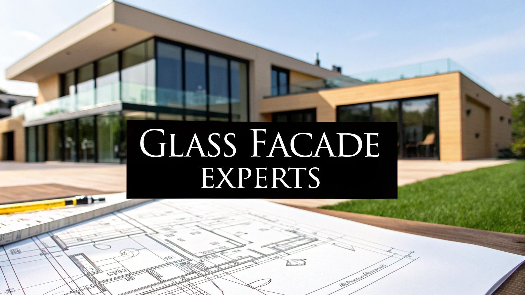 Modern house with glass facade; blueprints in foreground. Text: Glass Facade Experts.