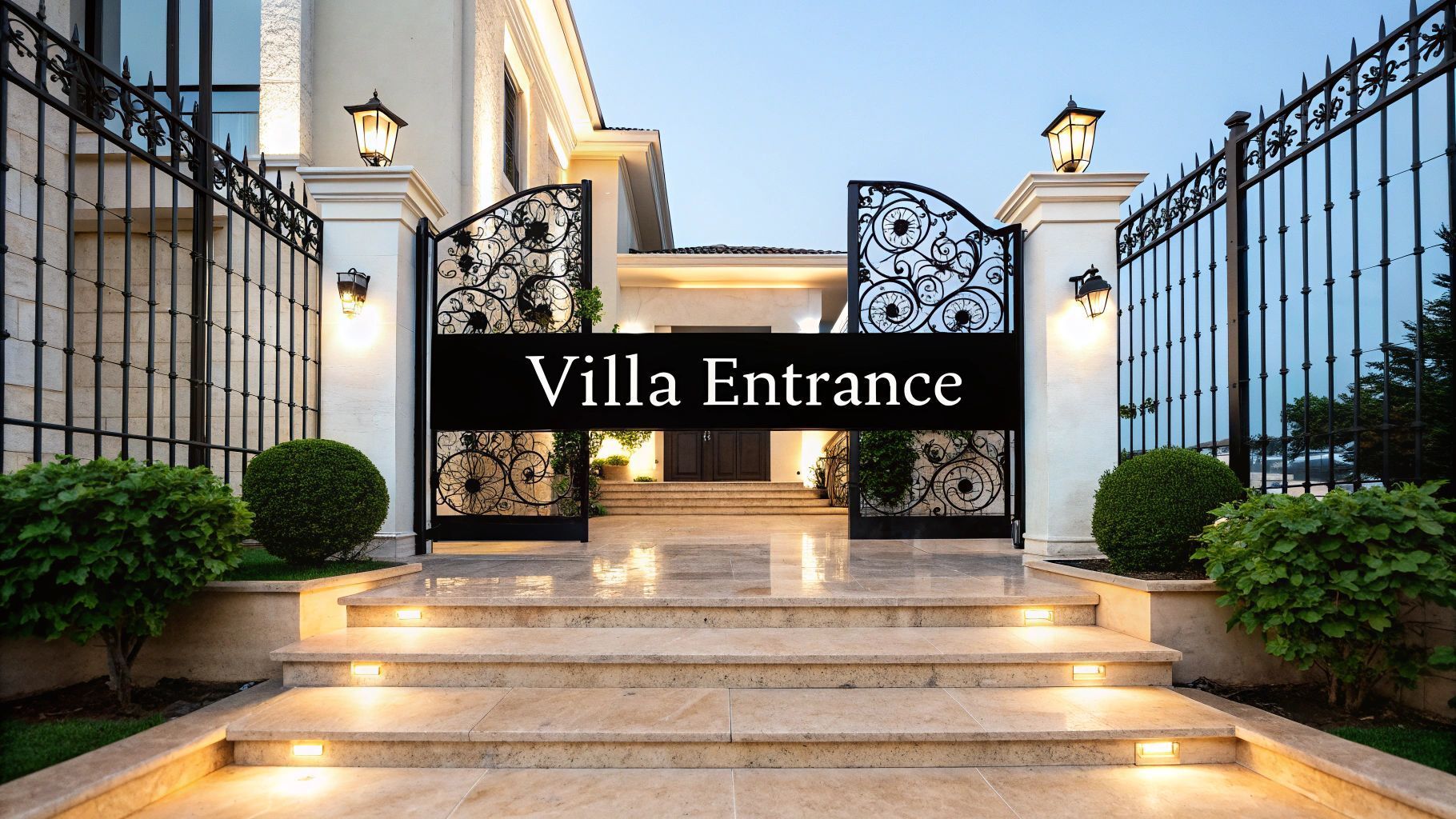 Villa entrance with open decorative wrought iron gates, stone steps, and outdoor lighting.
