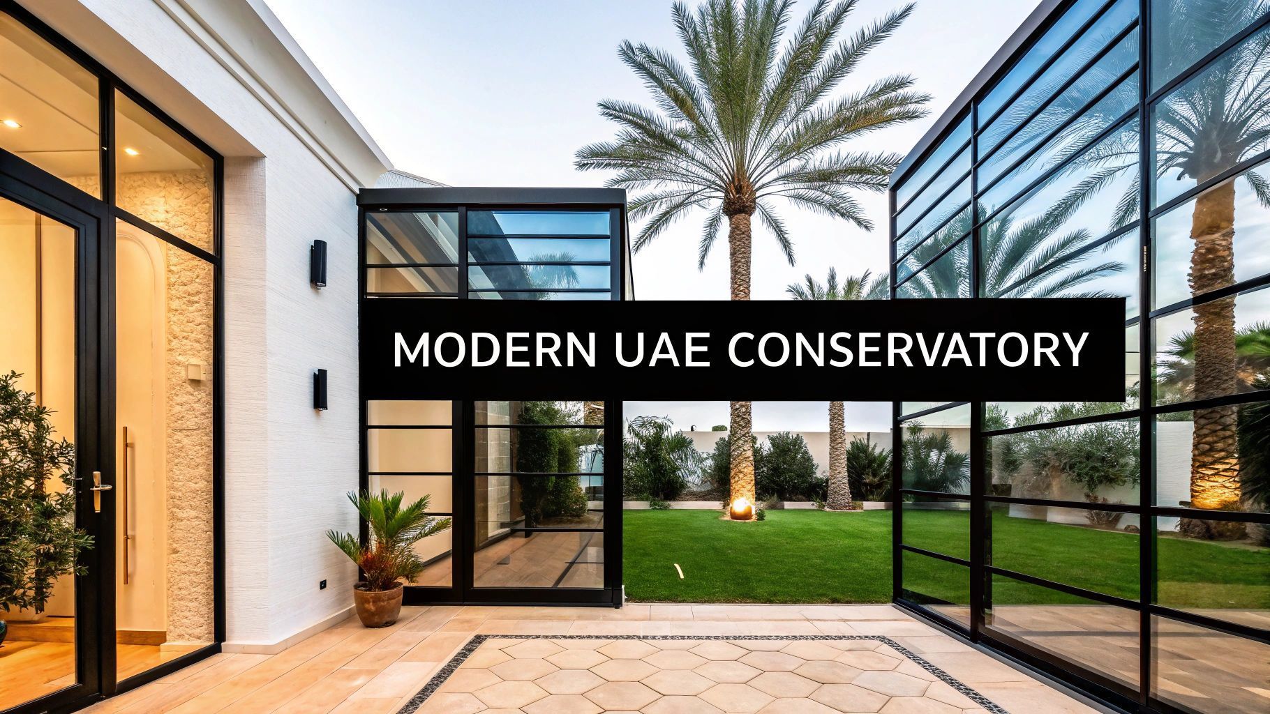 Modern UAE conservatory with black-framed glass walls, overlooking a lawn with palm trees.