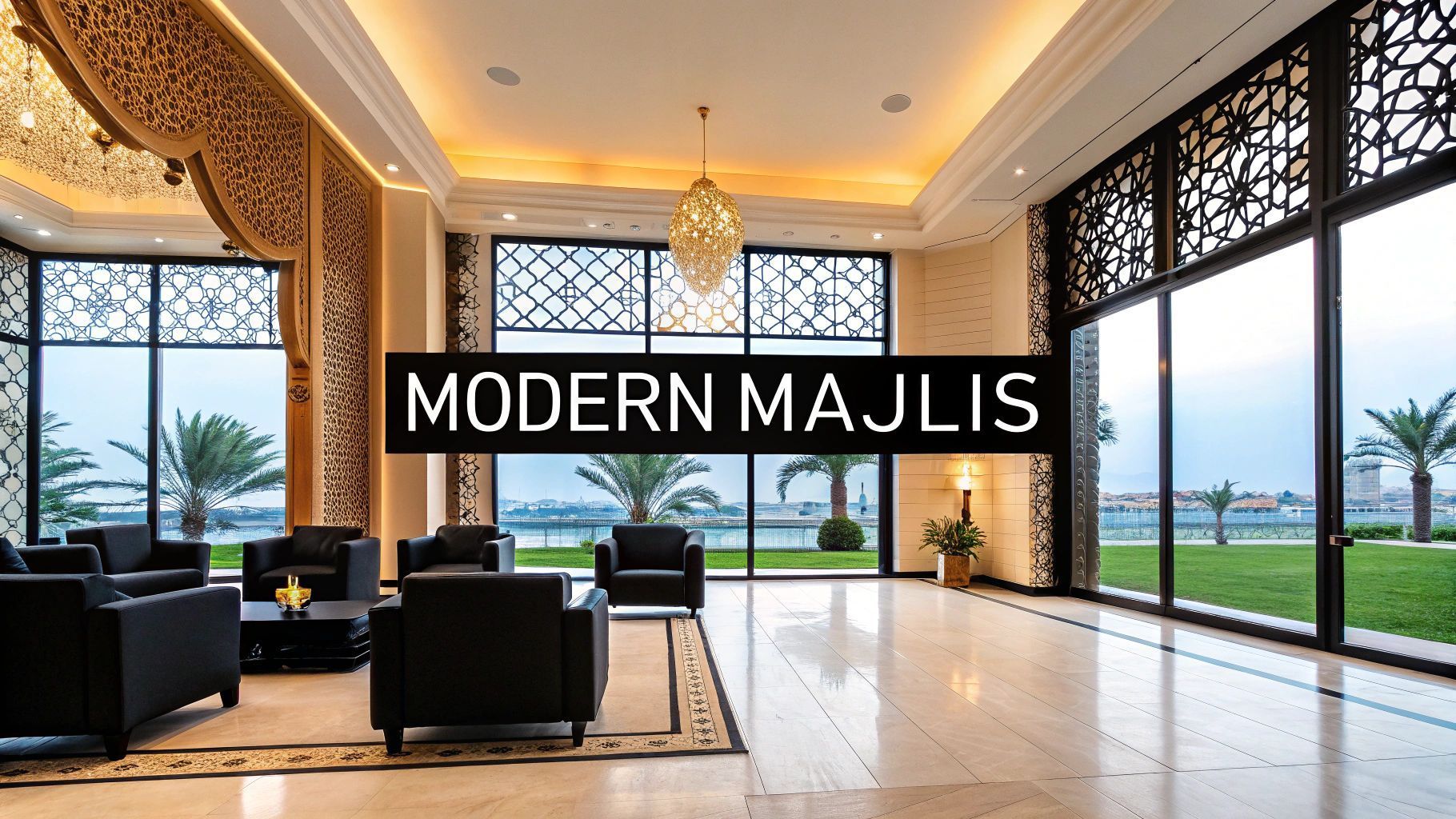 Modern majlis lounge with black seating, patterned screens, and large windows overlooking water and palm trees.