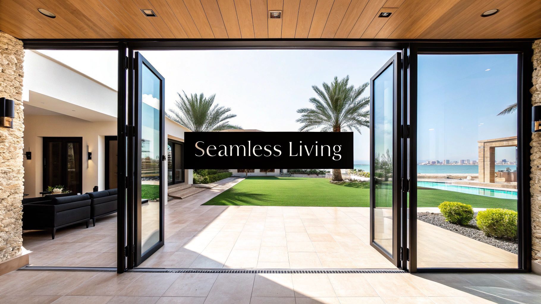 Open glass doors reveal a lush green lawn, pool, and ocean view.  Text overlay: Seamless Living.