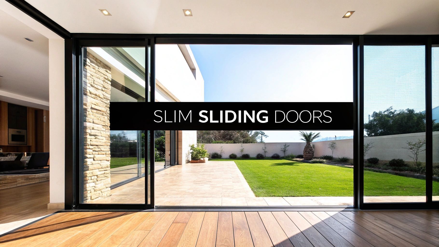 Modern home interior with slim sliding doors open to a sunny backyard and lawn.