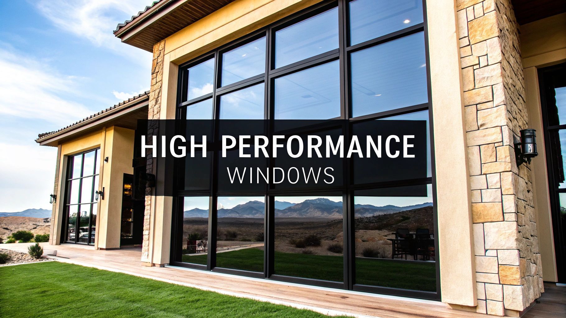 Large windows on a modern home with text: