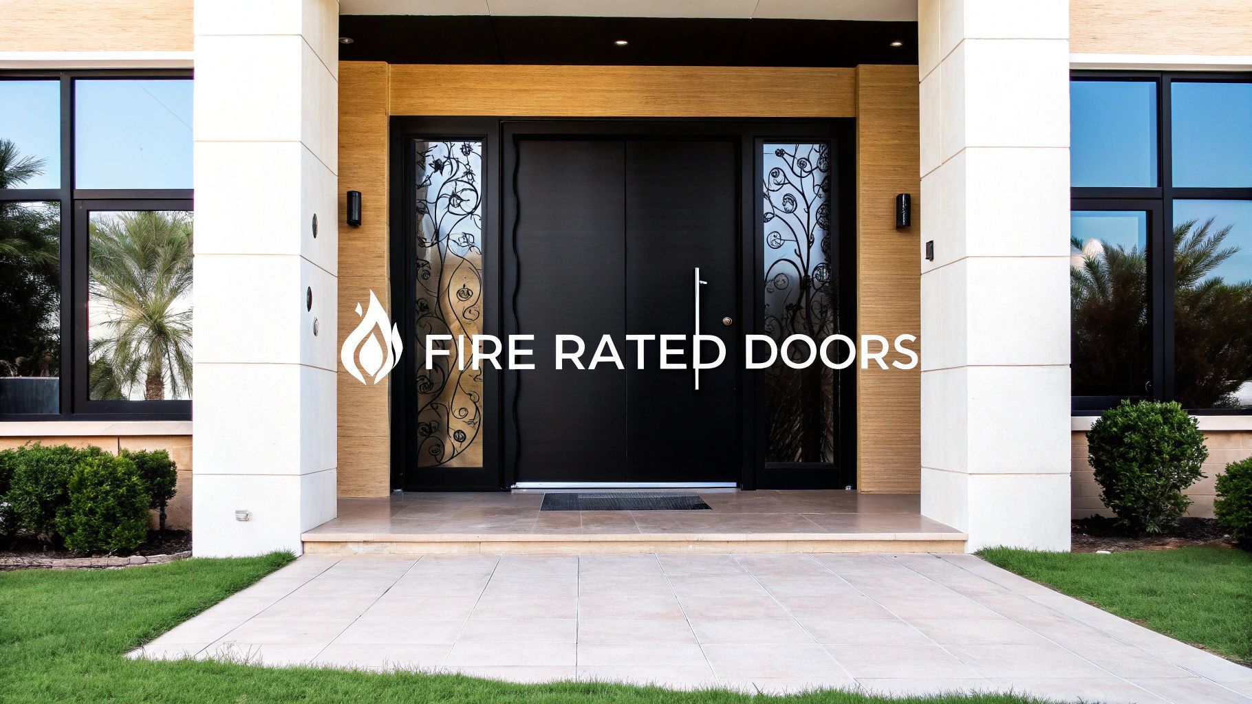 Black fire-rated door with decorative side panels, set in a modern home entrance with sidelights and landscaping.