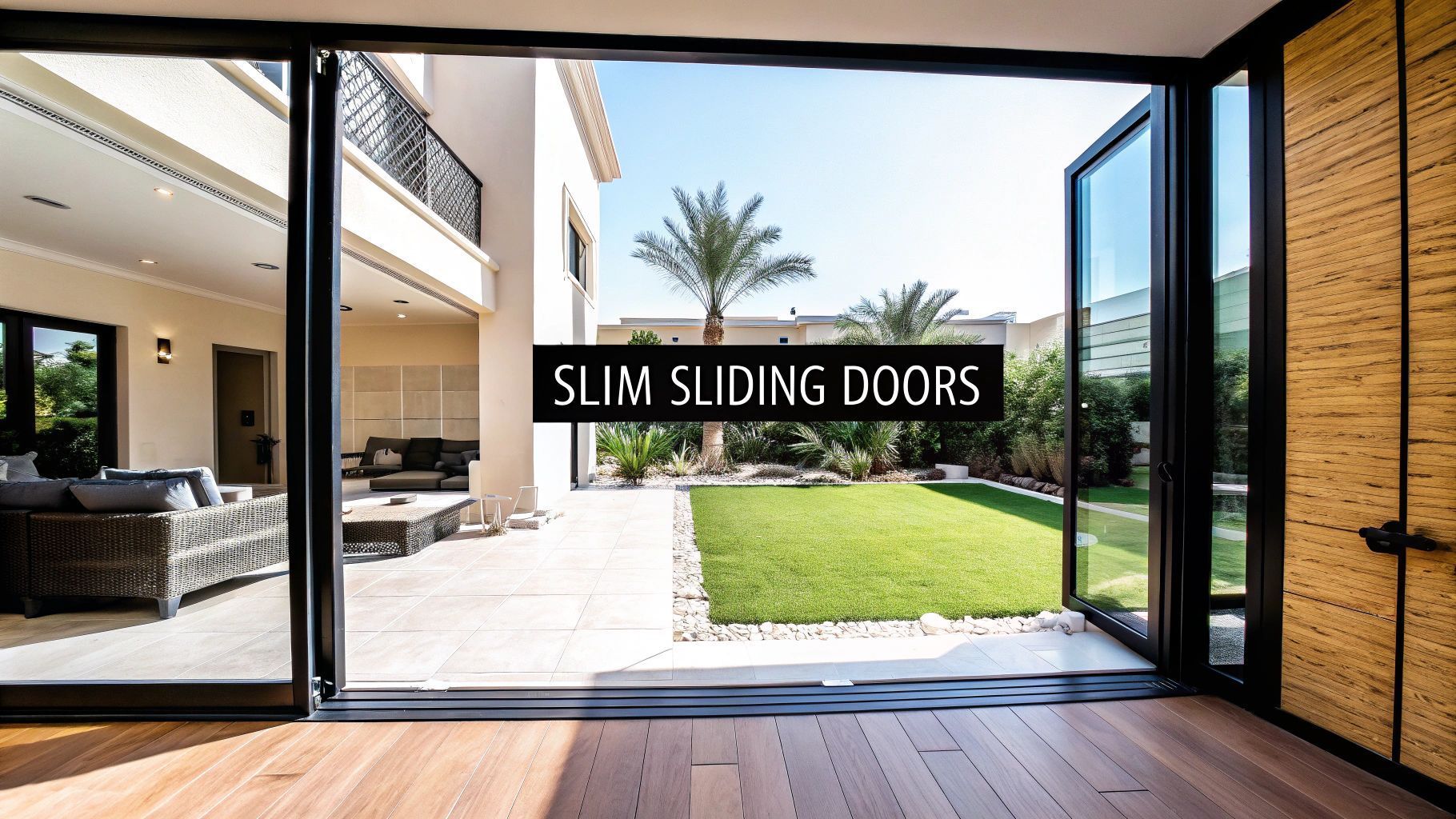 Open slim sliding doors reveal a patio and yard. Text: Slim sliding doors. Sunny, bright setting.