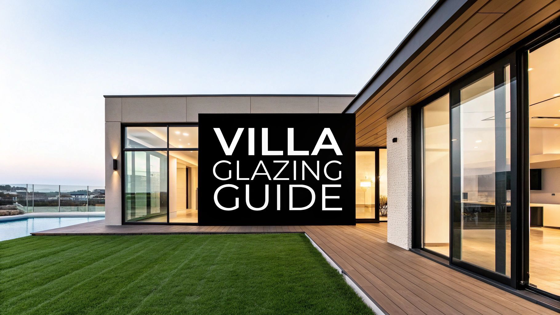 Villa with modern glass glazing. Text overlay: 
