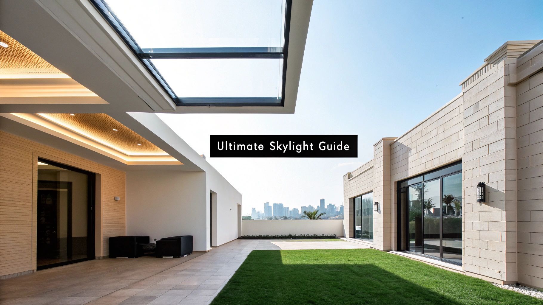 Rooftop patio with skylight and artificial turf, overlooking a city skyline on a sunny day.