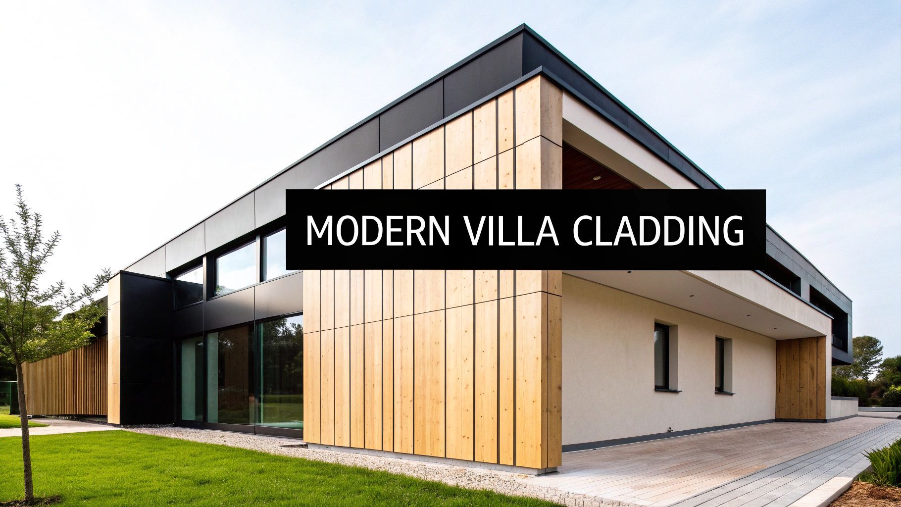 Modern villa with wood cladding and black roof, set on a green lawn.