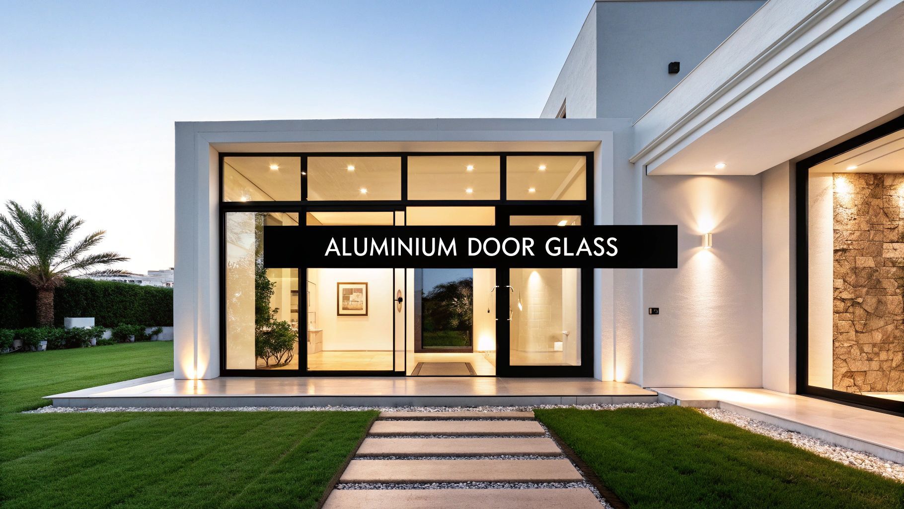 Modern white house with black aluminum and glass door. Text: 