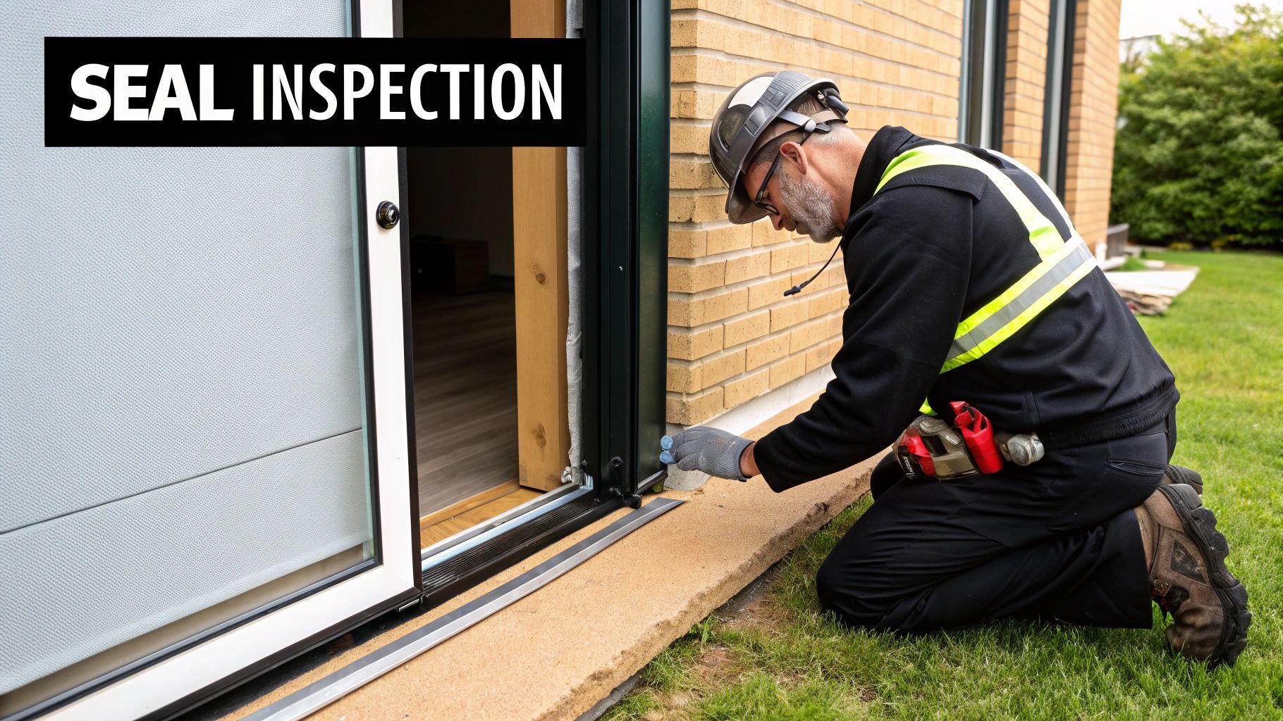 A worker inspecting the seal of a sliding glass door outside a brick building.