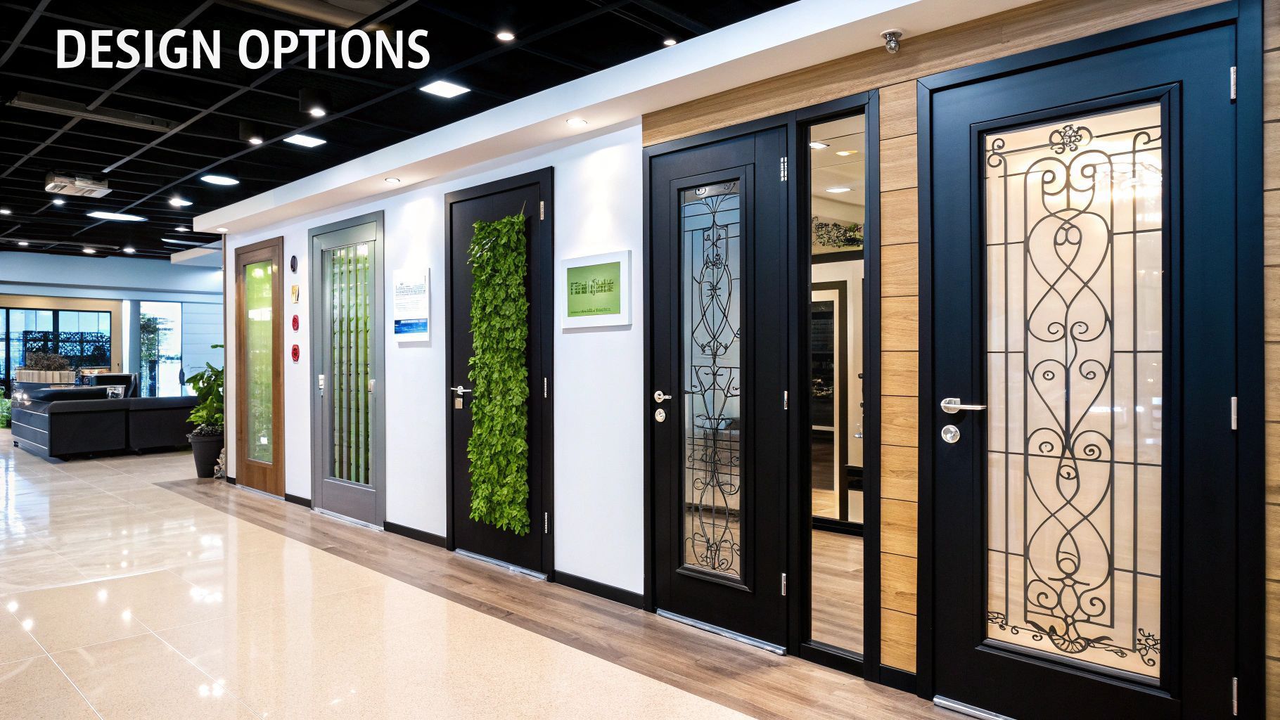 Doors with different designs on display in a showroom, showcasing design options.