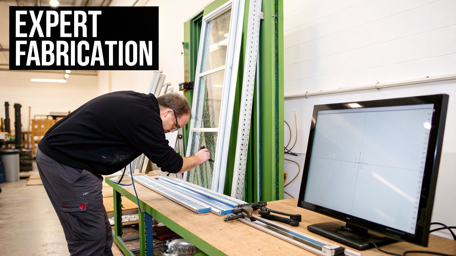 Man working on window frame, using tools and looking at a computer monitor in a workshop.
