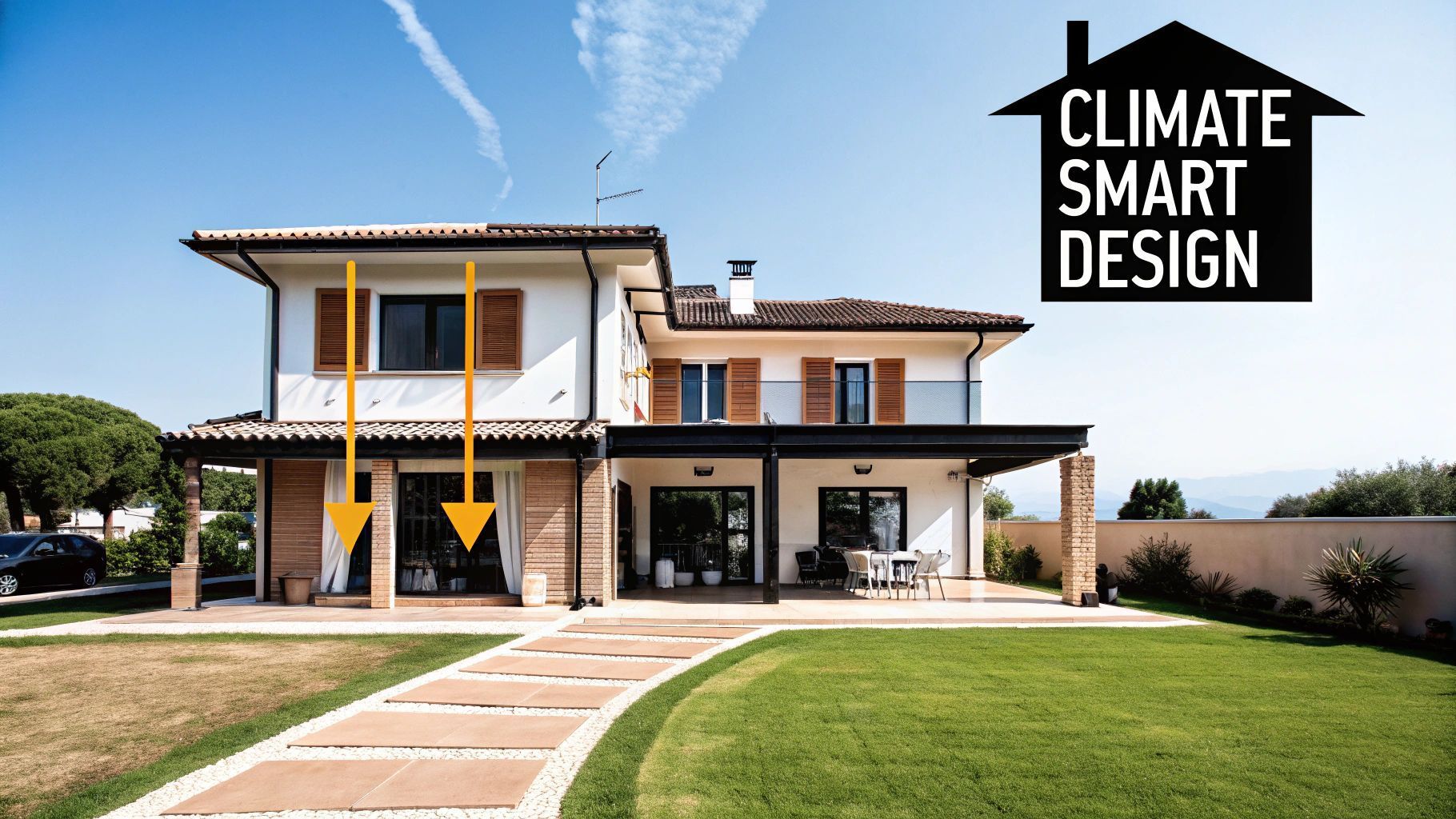 Two-story house with climate smart design. Arrows show airflow, sunny exterior, green lawn, pathway.