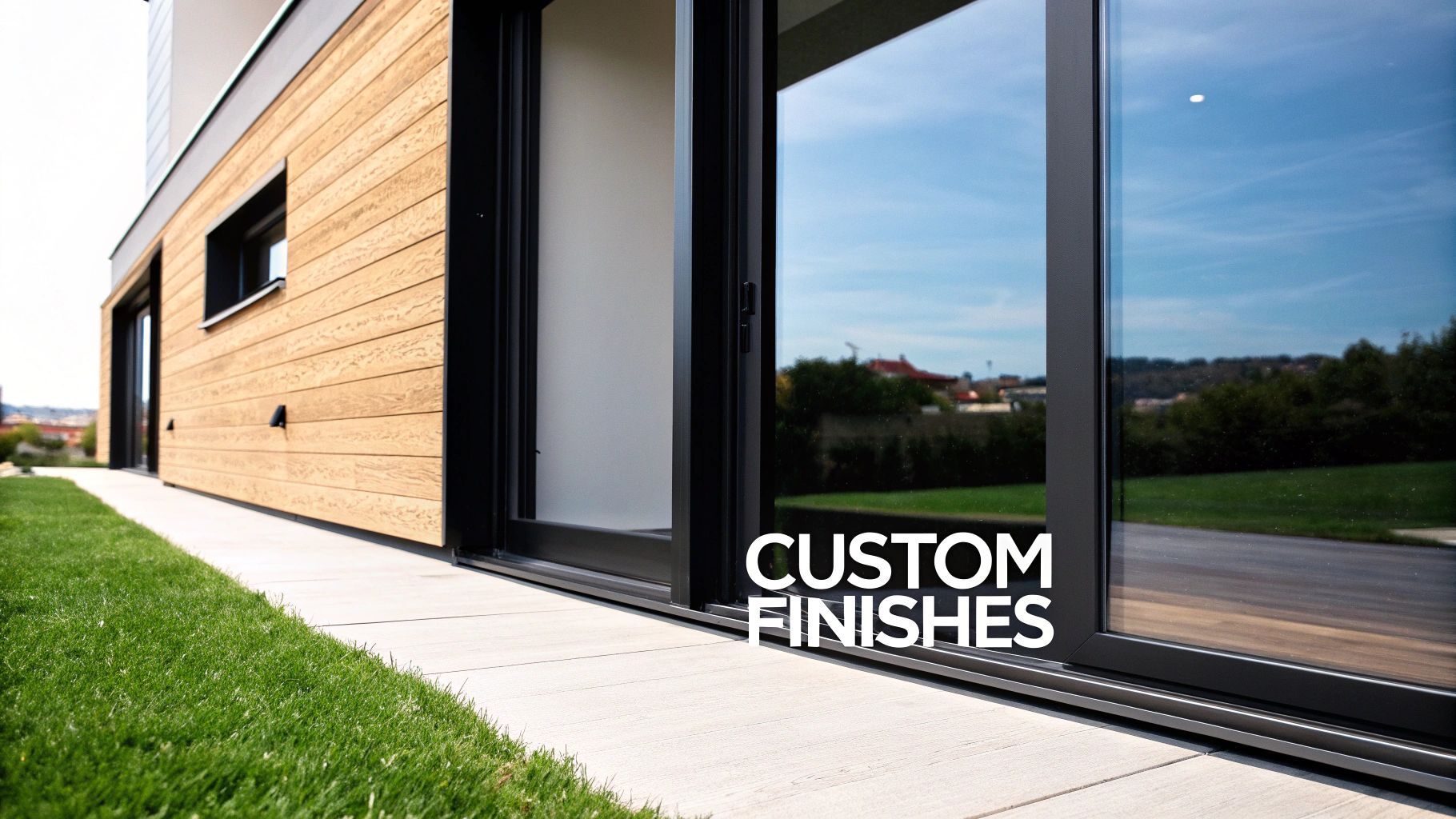 Modern home exterior with large sliding glass door, custom black frame, and wooden siding.