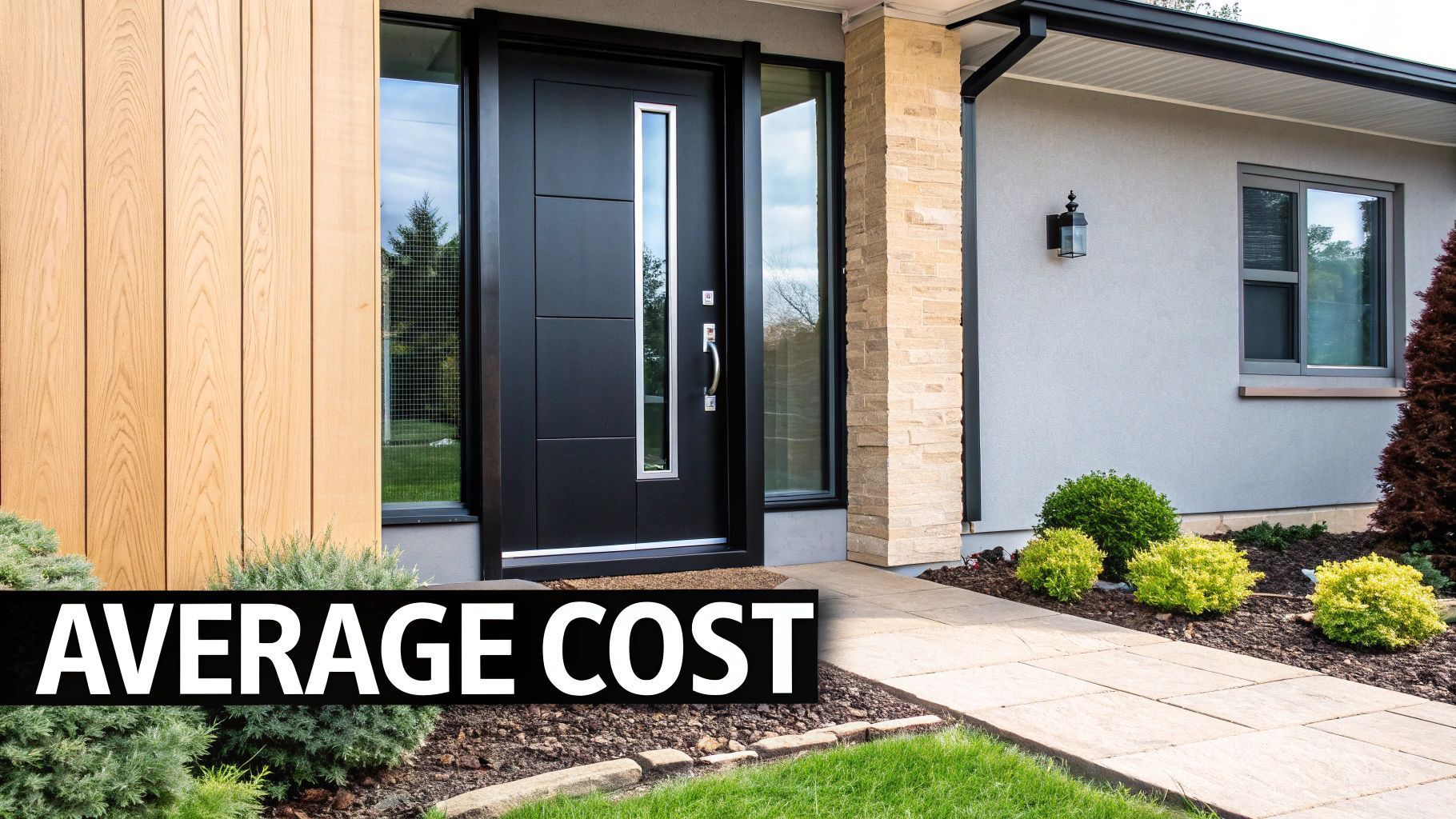 Black front door with sidelights on a house; text overlay: 