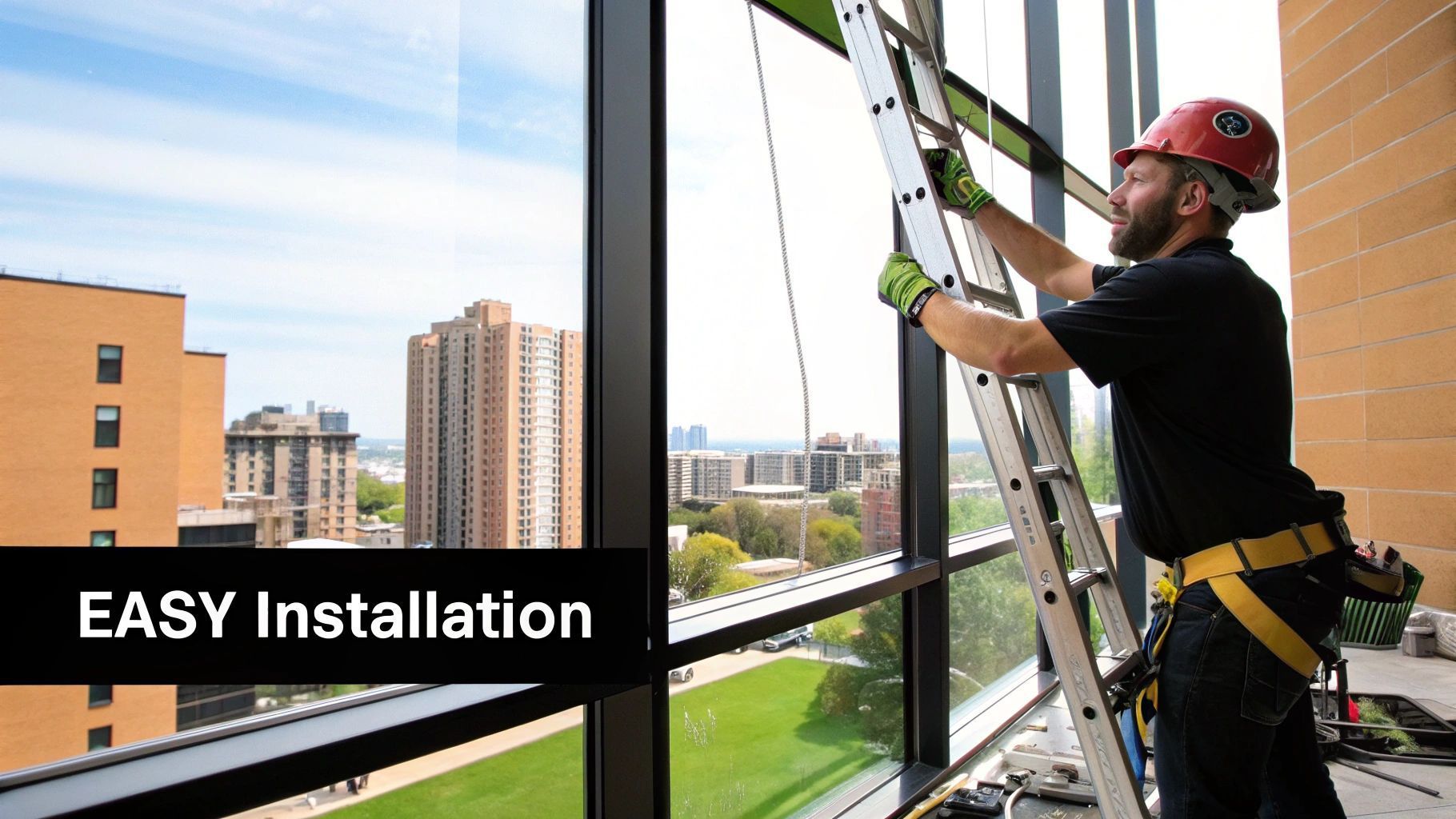 Man installing glass on building exterior, using ladder, safety harness. Green gloves, hard hat. Urban setting with buildings and park.