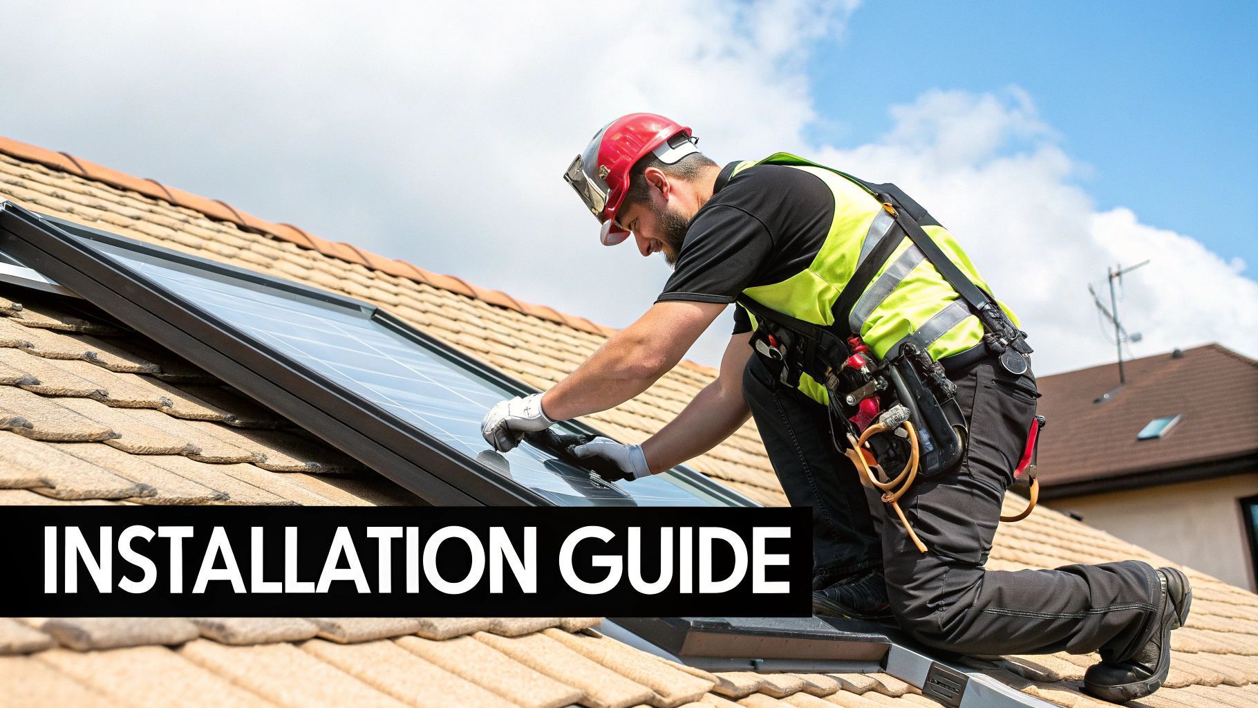 Roofer installing solar panel on a brown tile roof, wearing safety gear. Text overlay reads