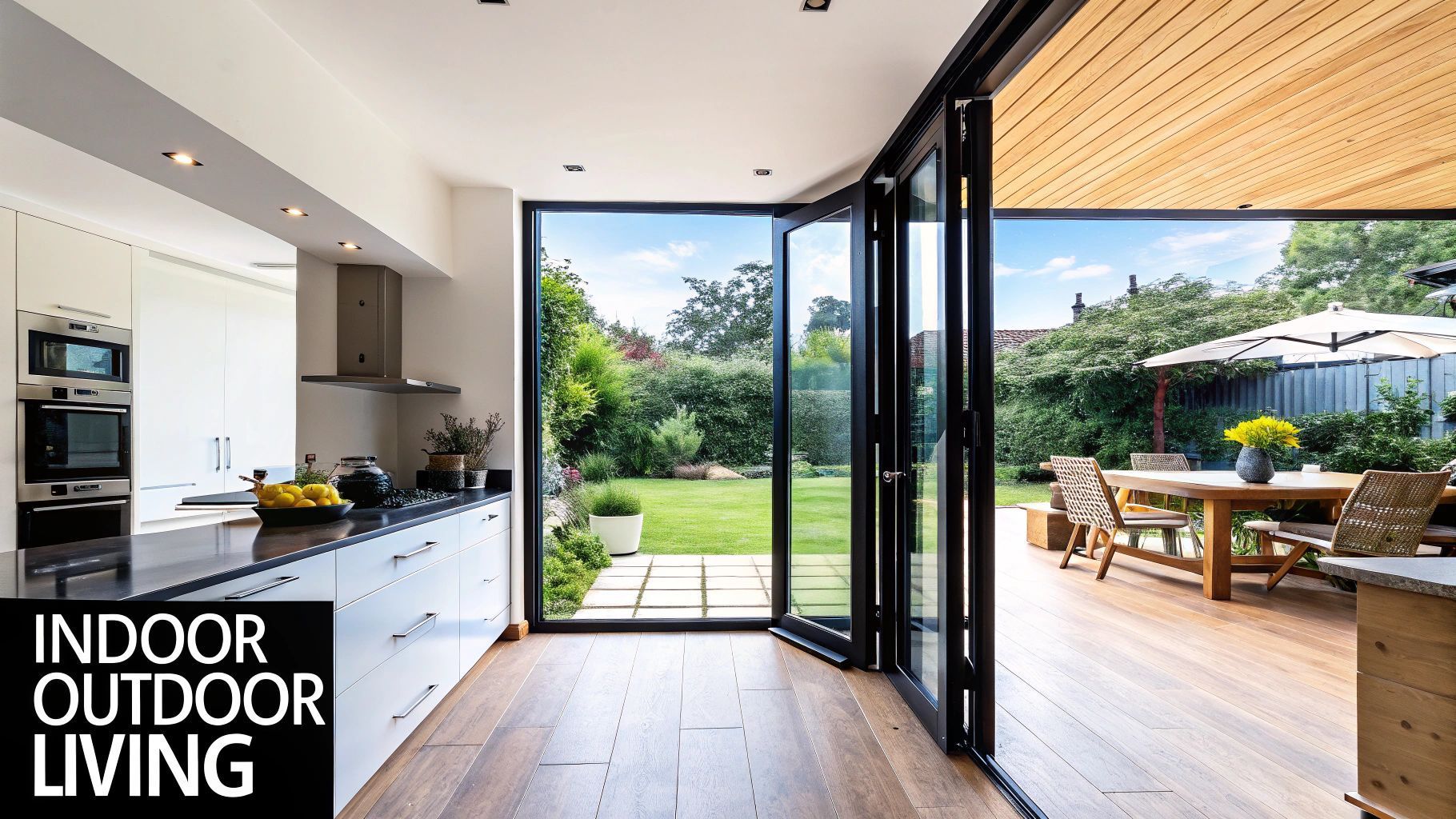 Kitchen with open folding doors to a backyard patio. White cabinets, black countertops, and wooden floors.