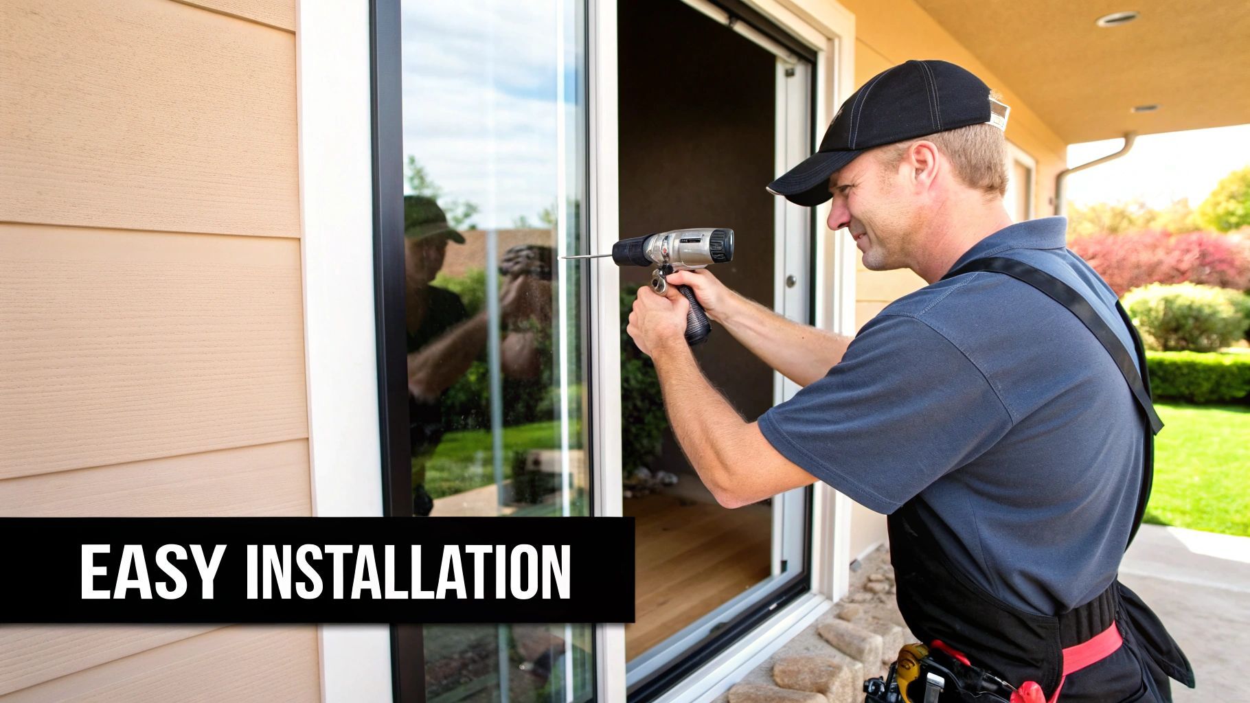 Man installing a sliding screen door with a power drill. 