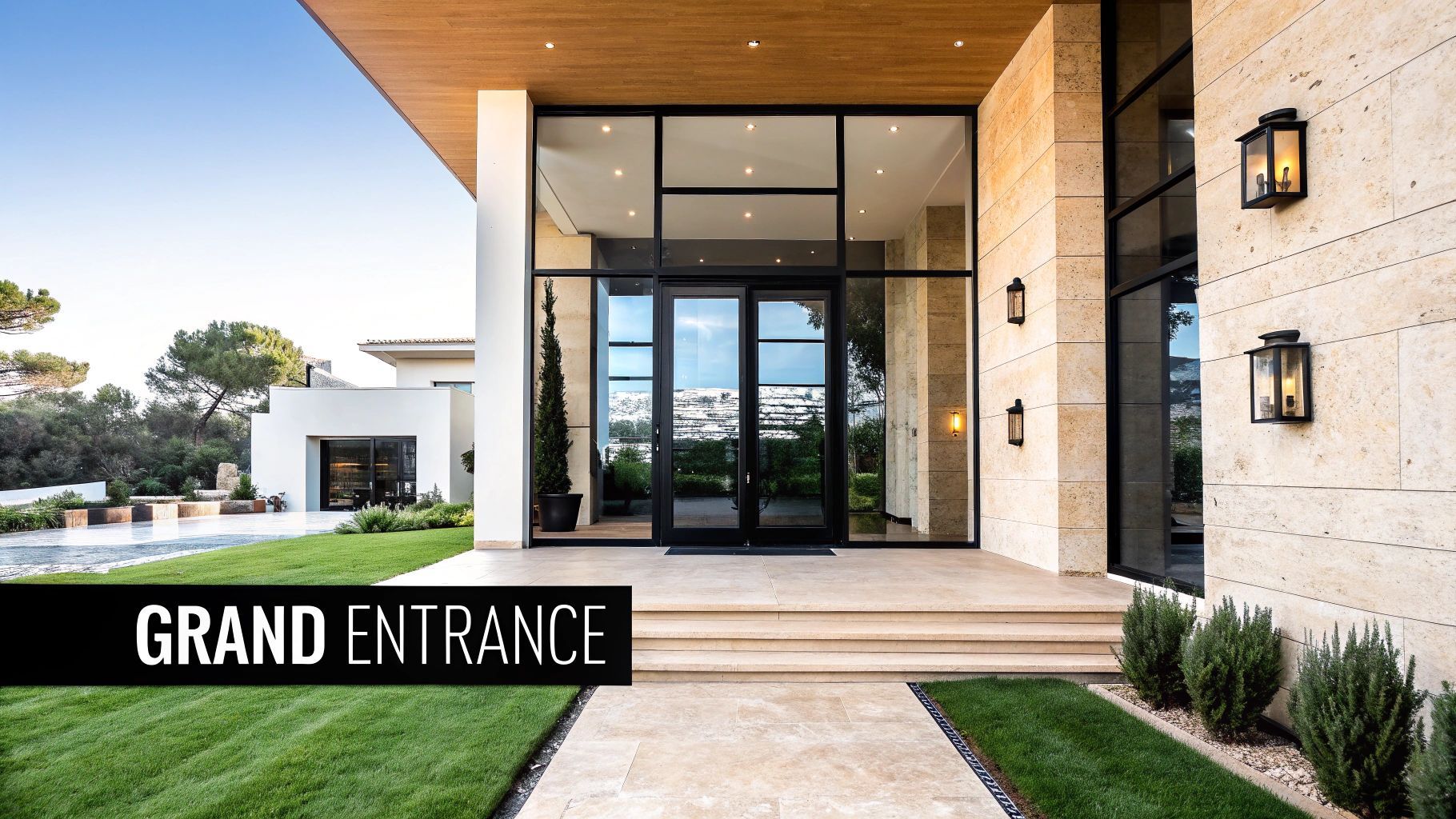 Grand entrance of a modern home with glass doors, stone facade, and manicured lawn.