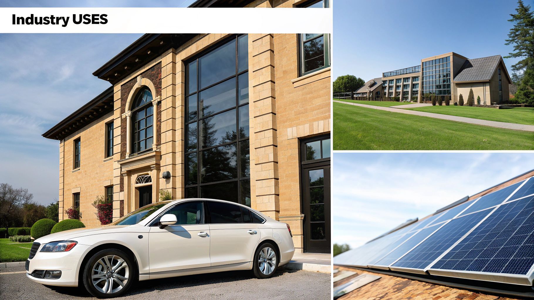 Examples of industry uses: mansion with car, building, solar panels on roof.