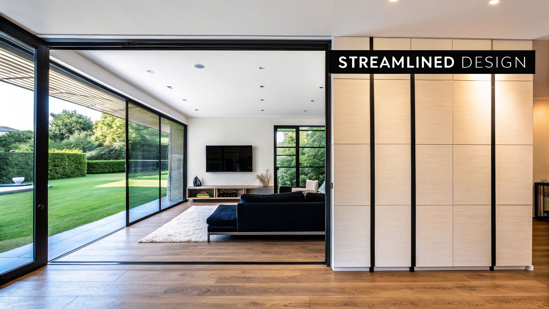 Modern living room with large glass doors overlooking a green yard. Streamlined design.