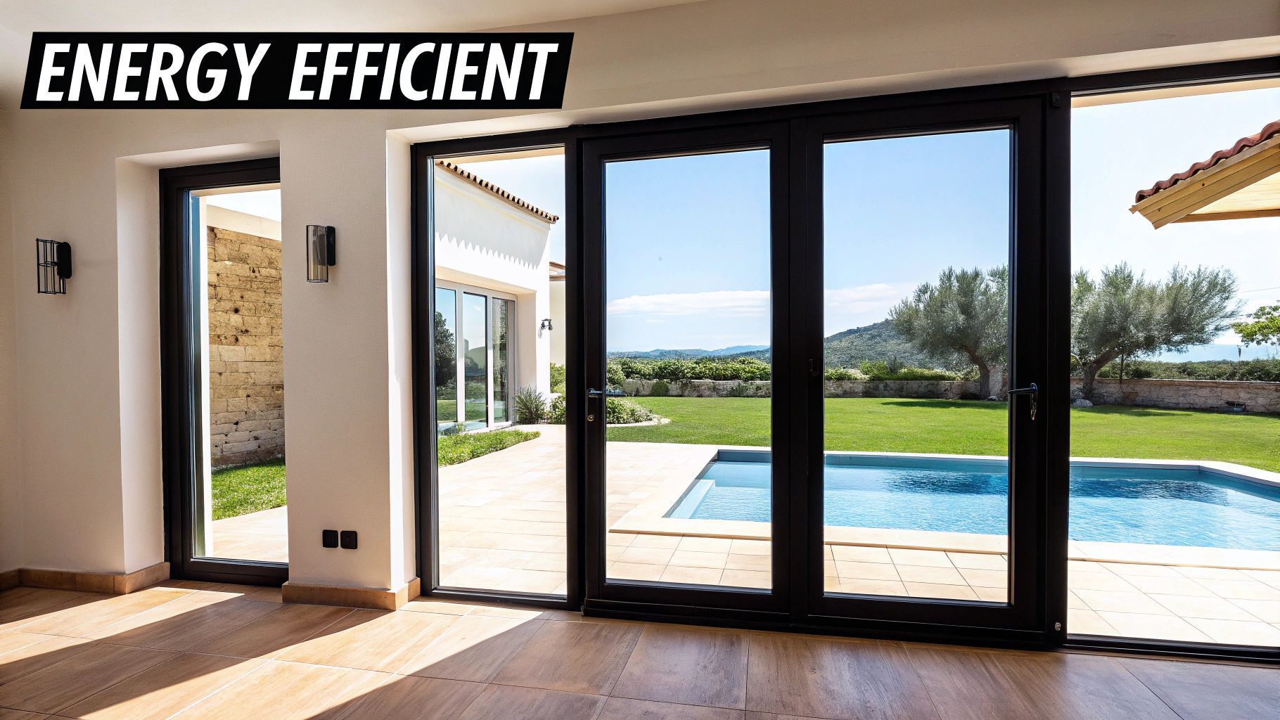 Sliding glass doors overlooking a pool and yard, labeled