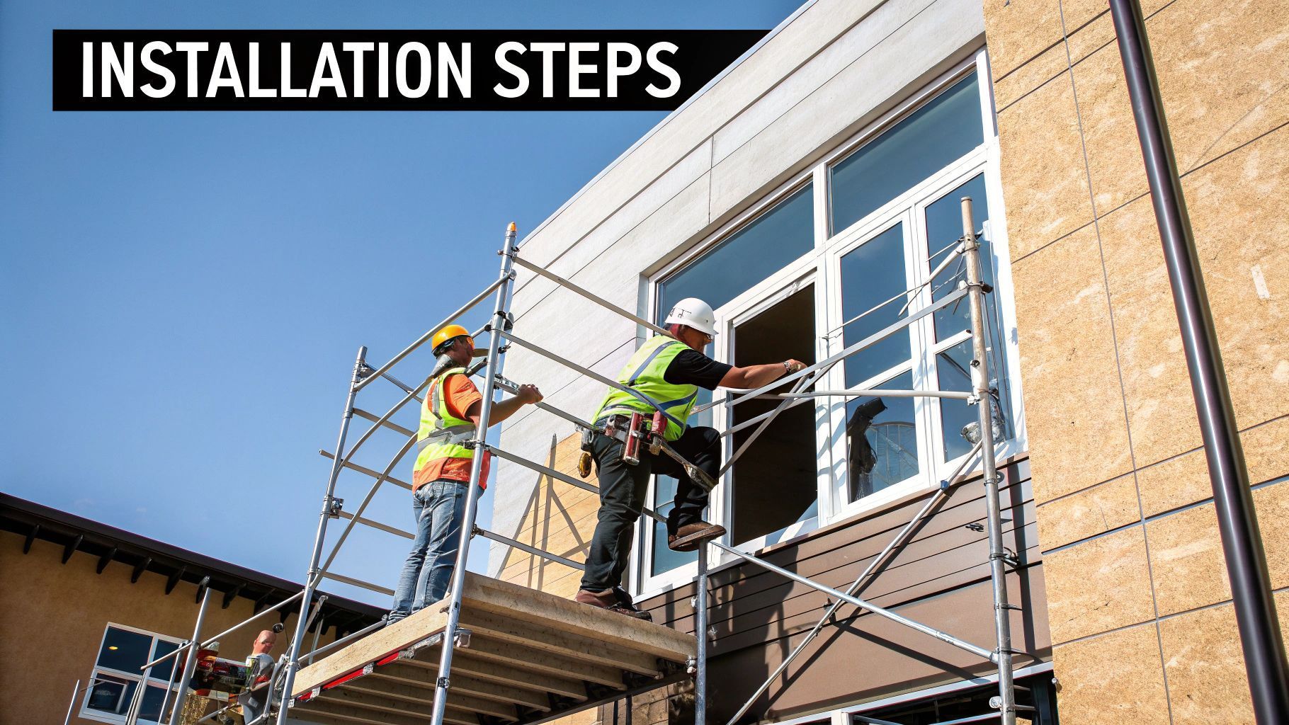 Construction workers installing siding around a window, working on scaffolding outdoors, on a sunny day.