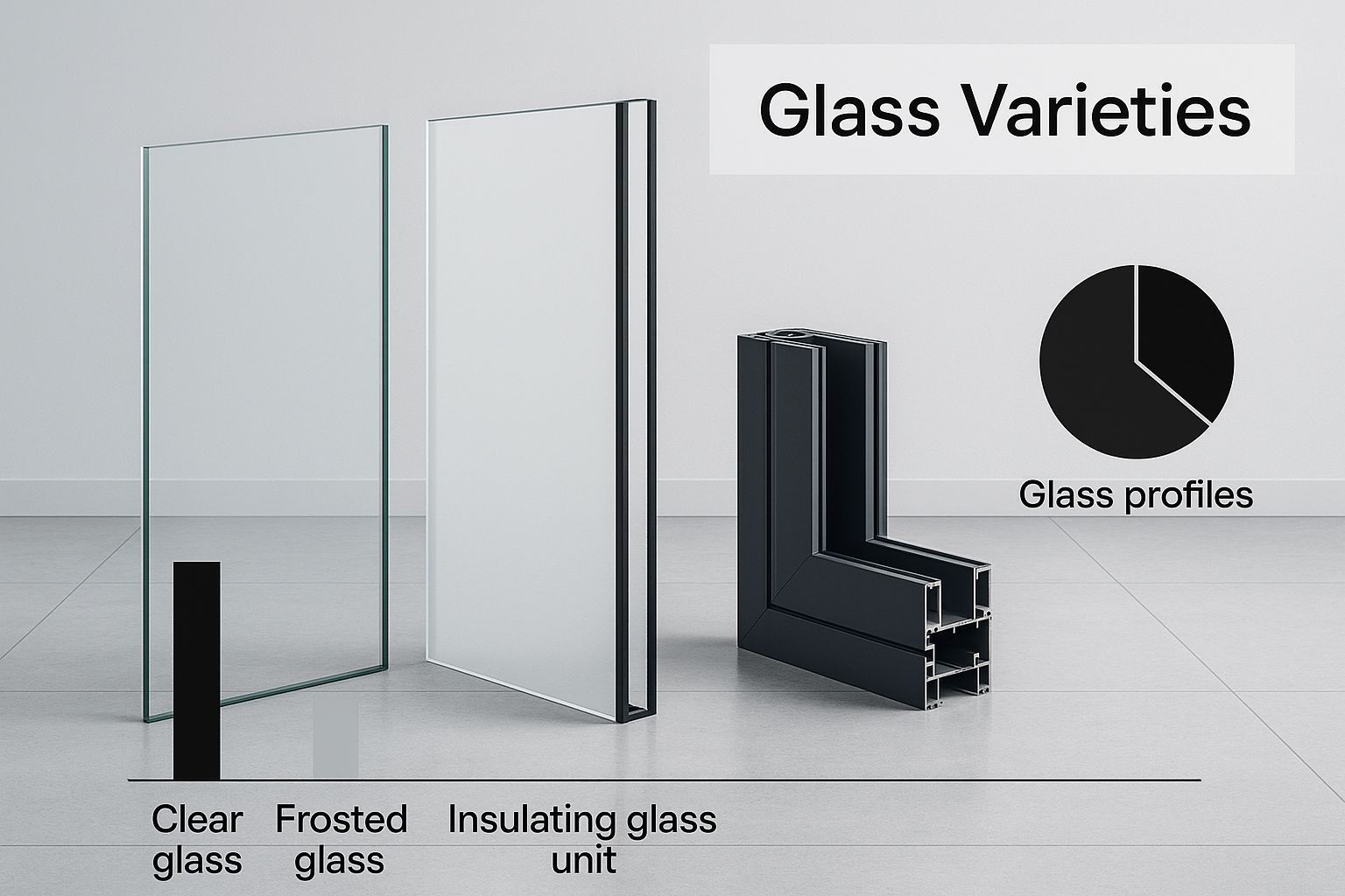 Clear, frosted, and insulating glass samples, with a black frame, and pie chart labeled