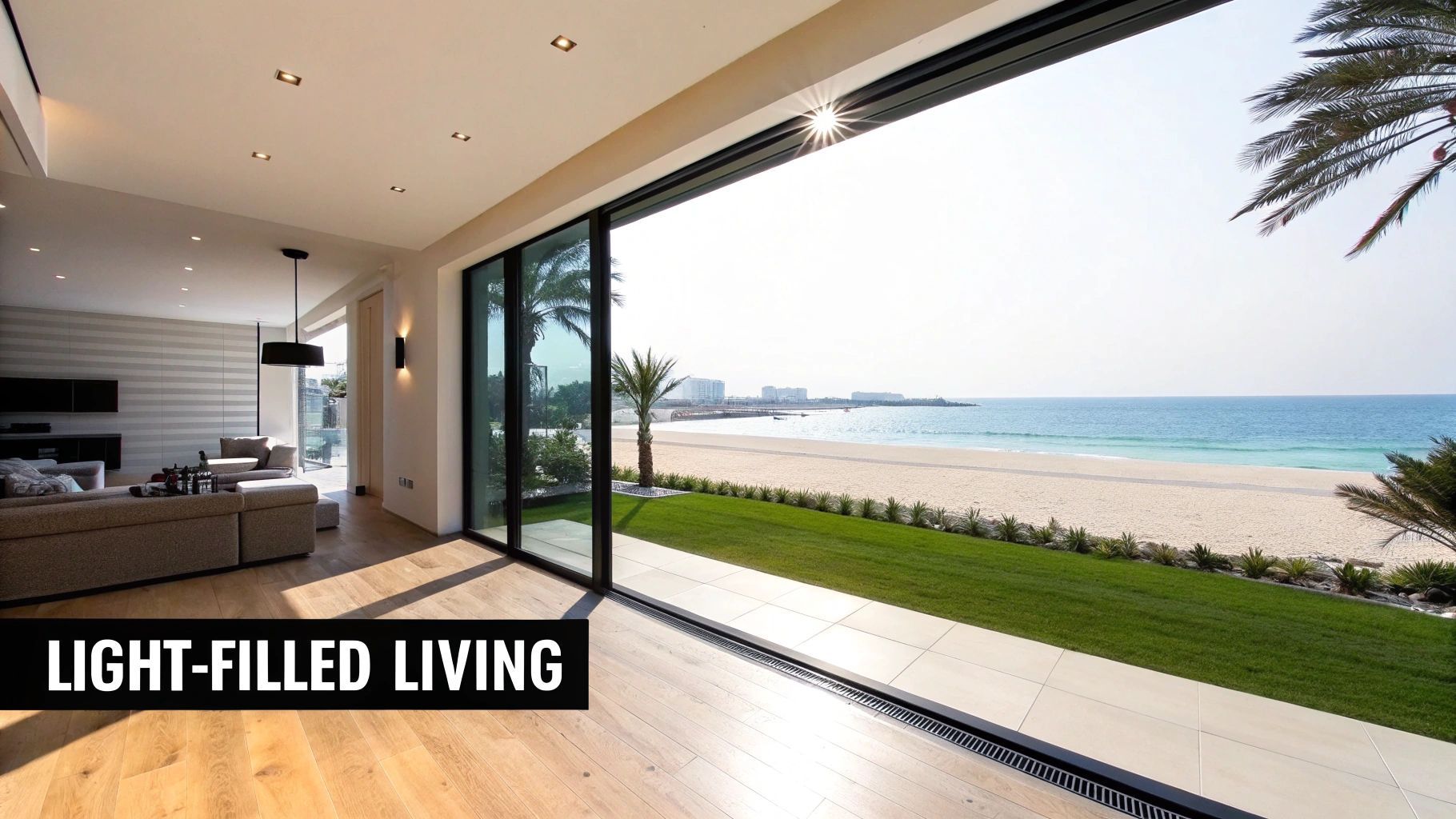 Bright living room with open sliding doors facing beach and ocean.