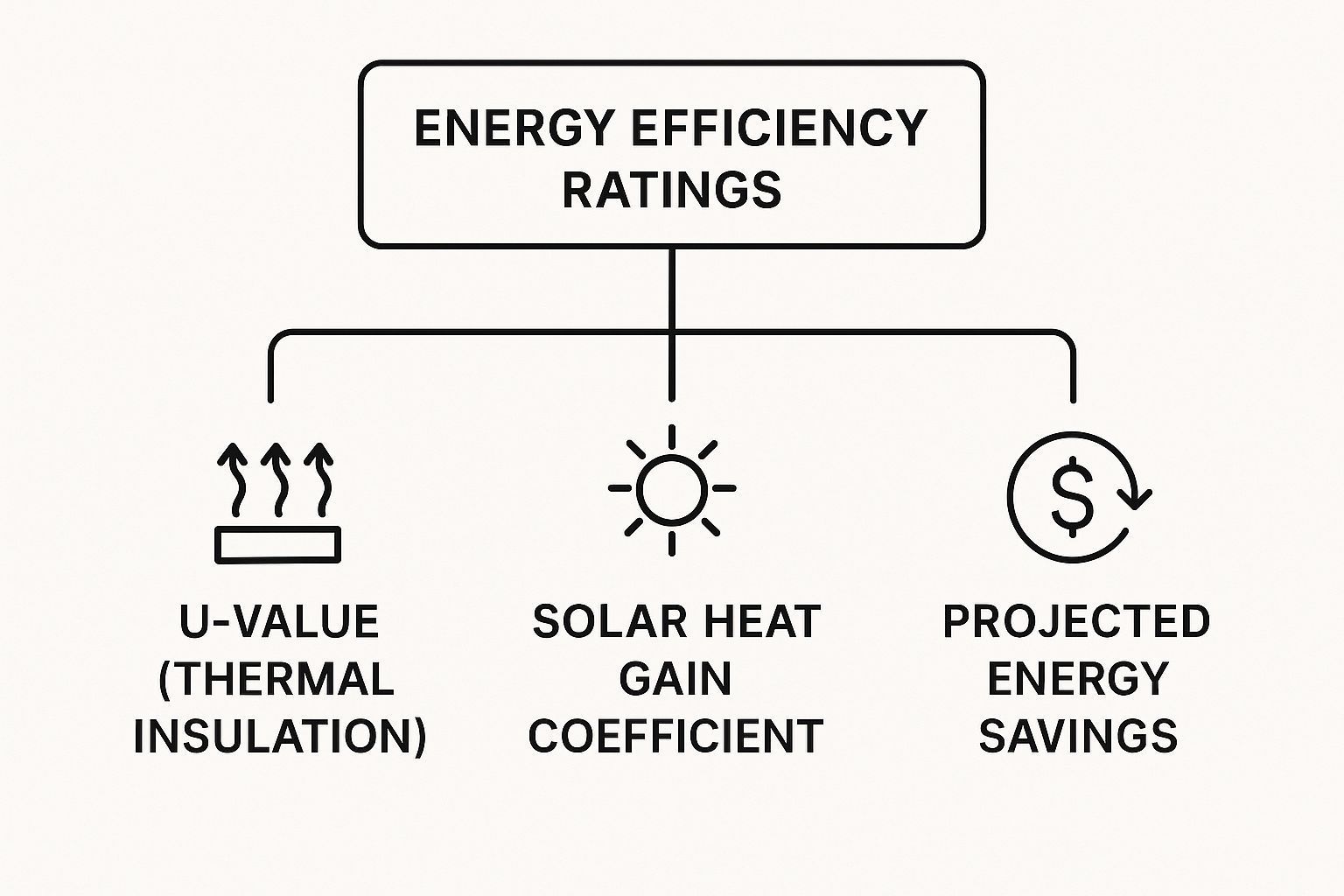 Diagram showing energy efficiency ratings: U-Value, Solar Heat Gain Coefficient, and Projected Energy Savings.