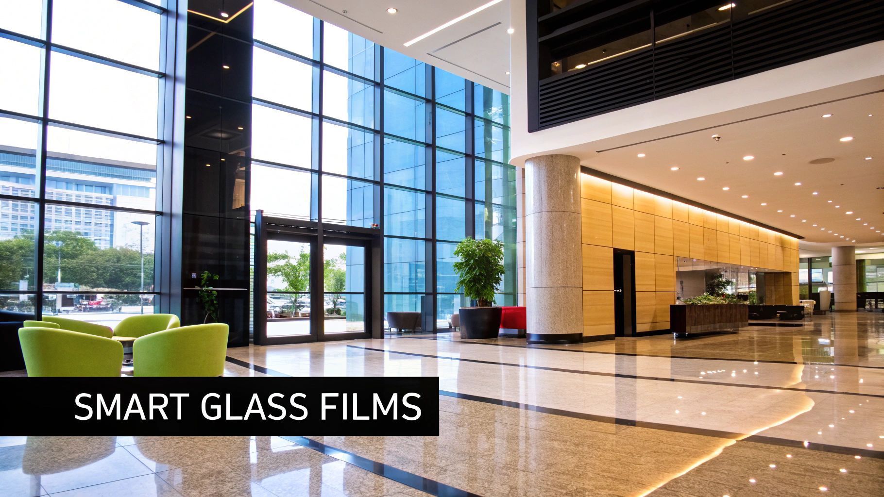 Modern lobby with large windows, green seating, and smart glass film.